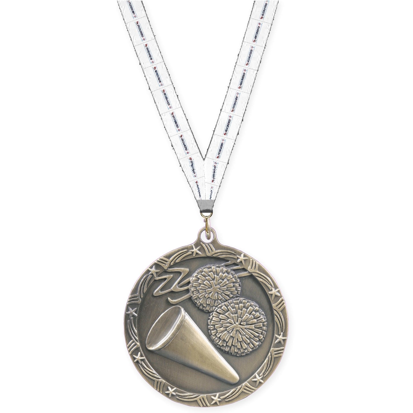 2 1/2 inch cheerleading Shooting Star medal in antique gold with Gymnastics neck ribbon