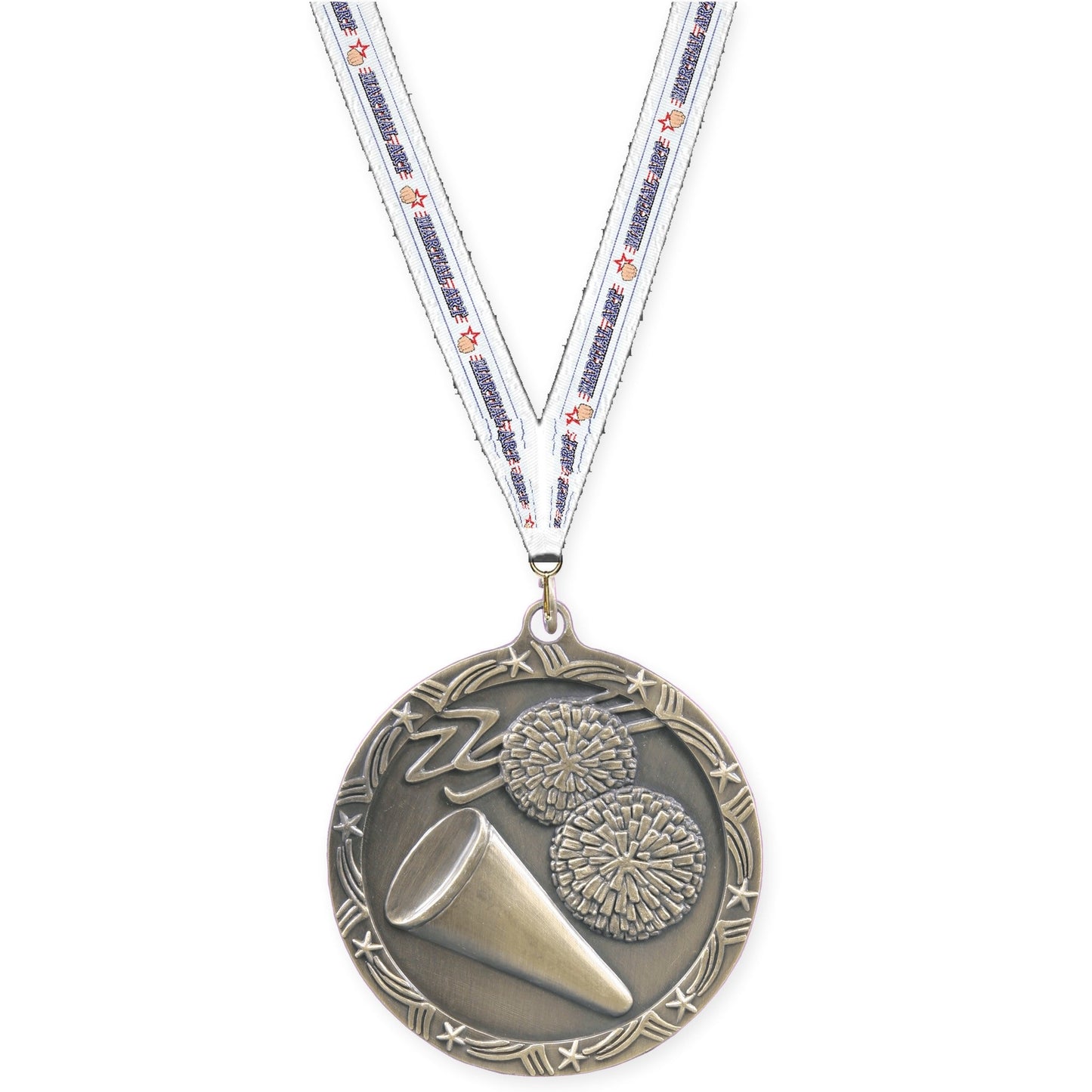 2 1/2 inch cheerleading Shooting Star medal in antique gold with Martial Arts neck ribbon