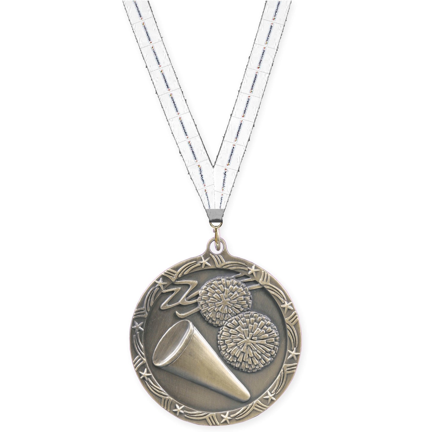 2 1/2 inch cheerleading Shooting Star medal in antique gold with Lamp Of Knowledge neck ribbon