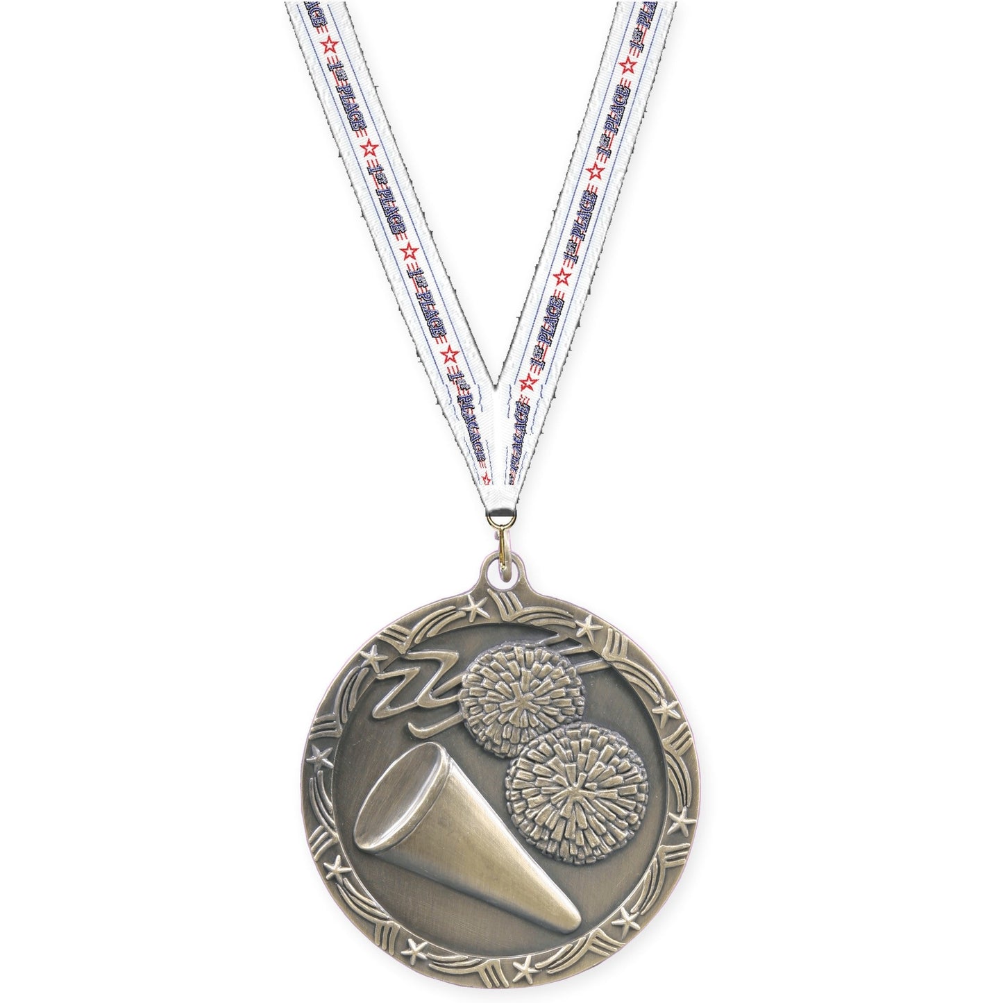 2 1/2 inch cheerleading Shooting Star medal in antique gold with 1st Place neck ribbon