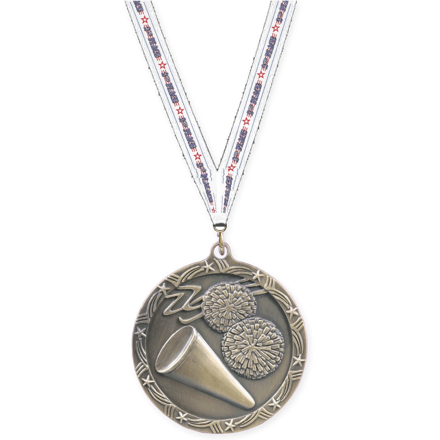 2 1/2 inch cheerleading Shooting Star medal in antique gold with 2nd Place neck ribbon