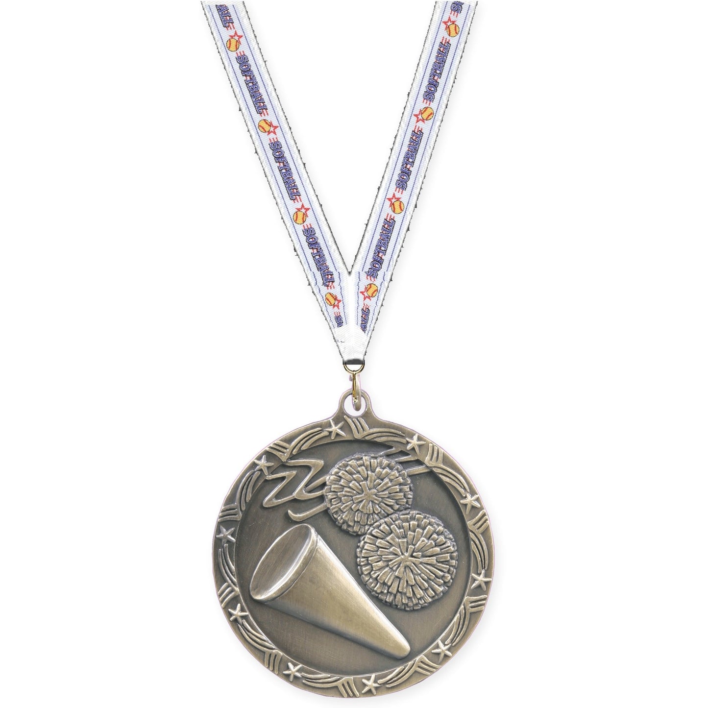 2 1/2 inch cheerleading Shooting Star medal in antique gold with Softball neck ribbon