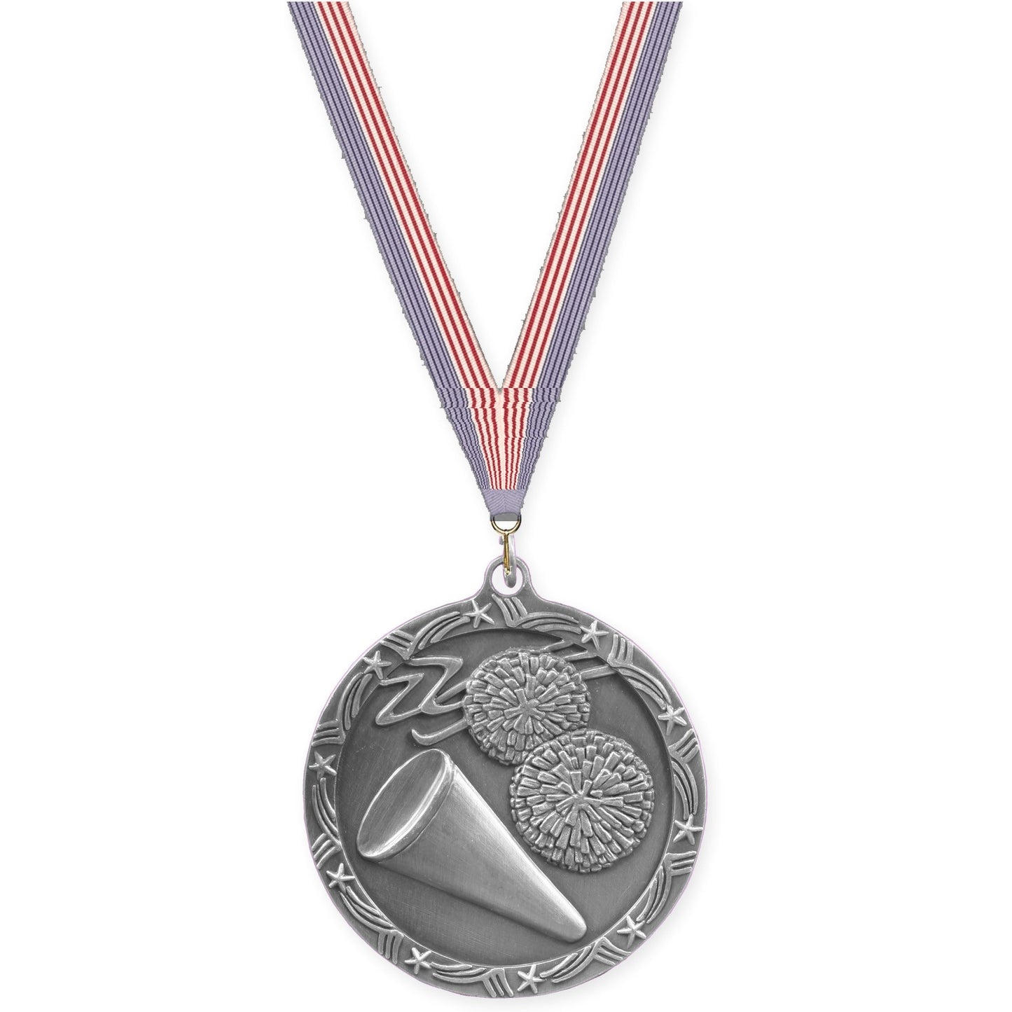 2 1/2 inch cheerleading Shooting Star medal in antique silver with USA Flag neck ribbon