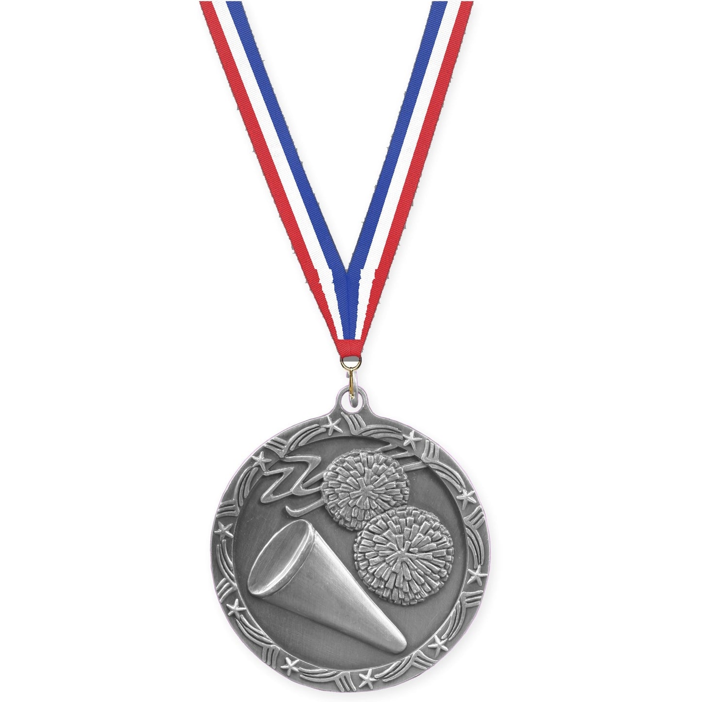 2 1/2 inch cheerleading Shooting Star medal in antique silver with Red White Blue neck ribbon