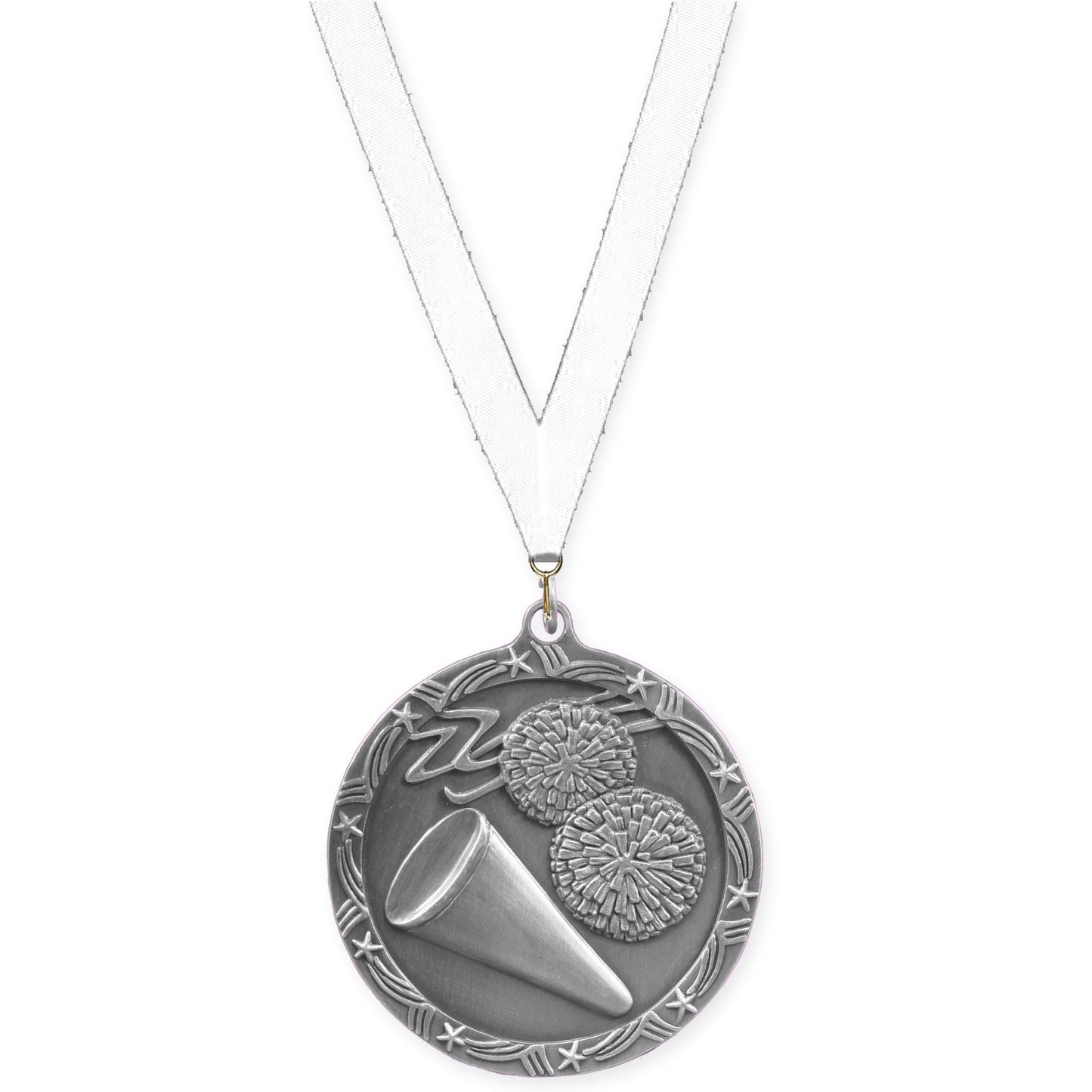 2 1/2 inch cheerleading Shooting Star medal in antique silver with White neck ribbon