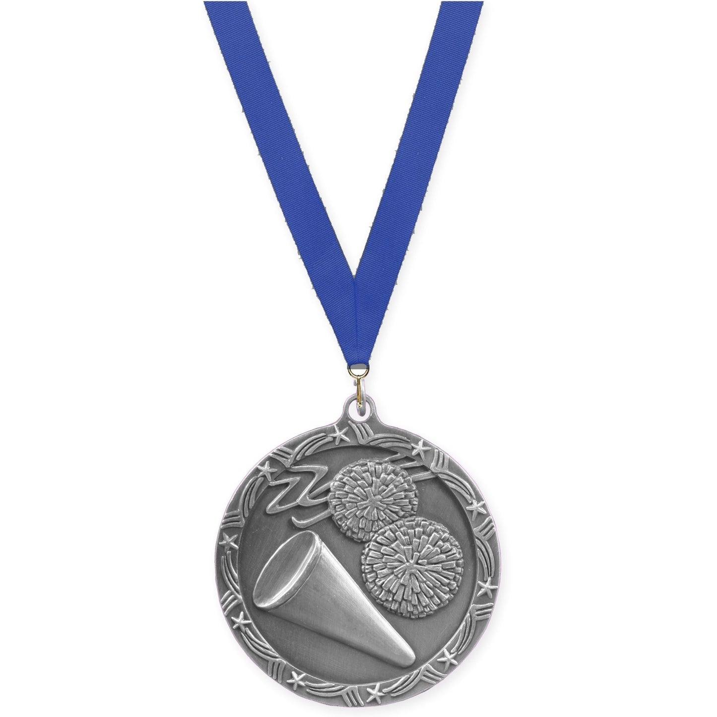 2 1/2 inch cheerleading Shooting Star medal in antique silver with Blue neck ribbon