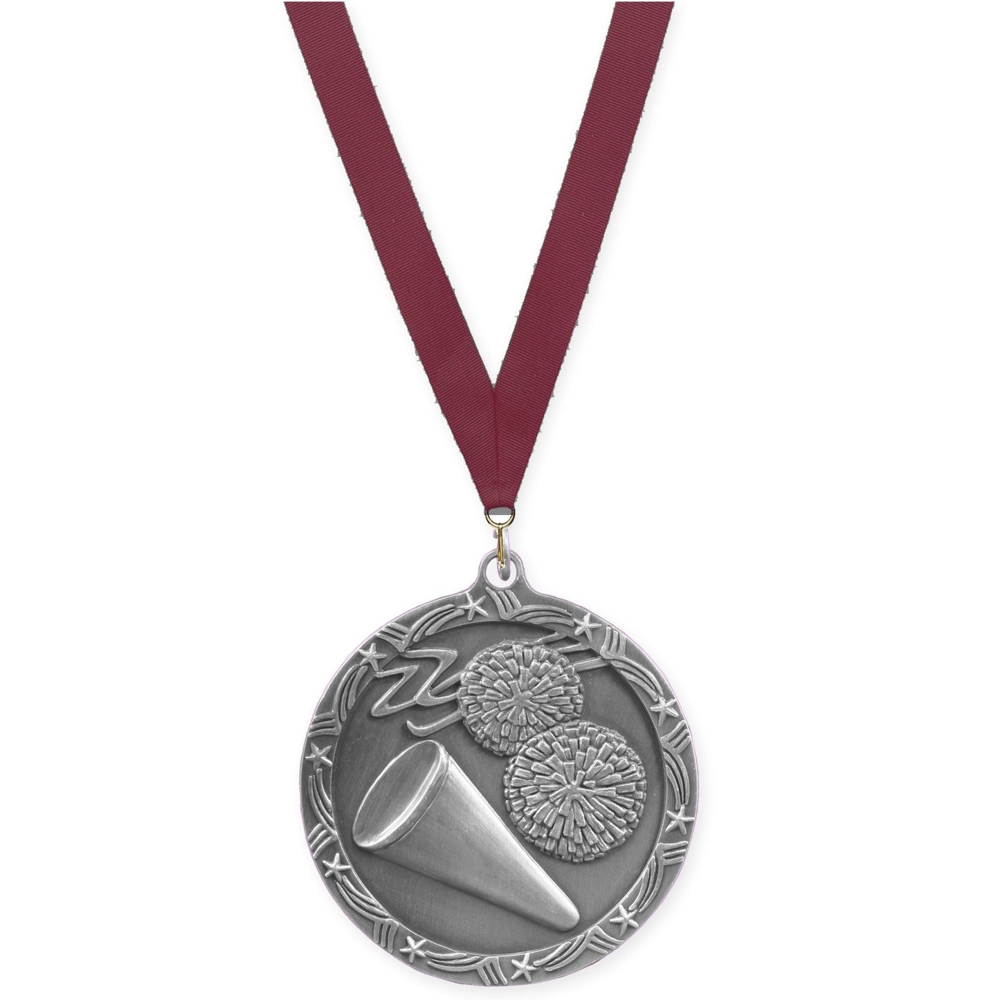 2 1/2 inch cheerleading Shooting Star medal in antique silver with Maroon neck ribbon