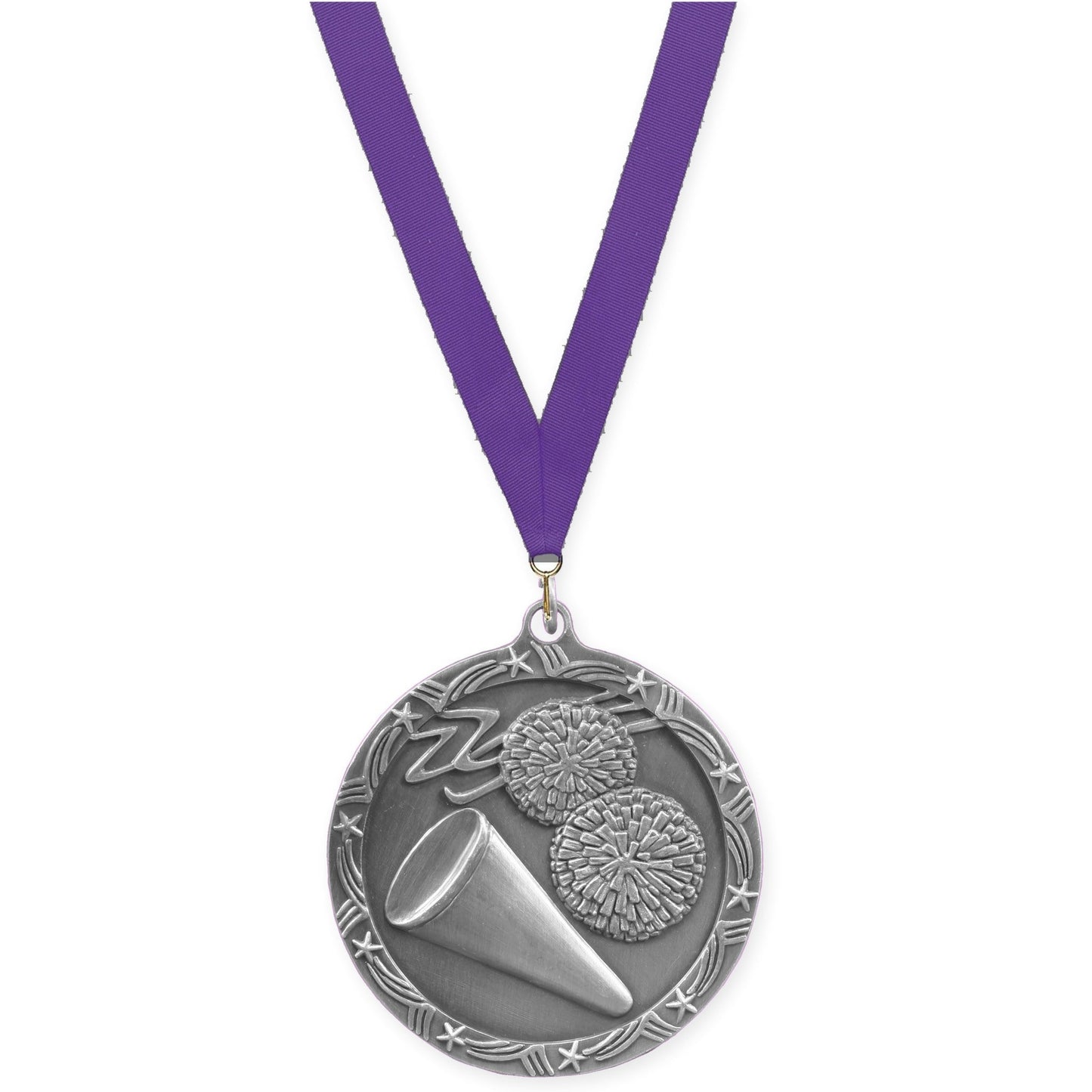 2 1/2 inch cheerleading Shooting Star medal in antique silver with Purple neck ribbon