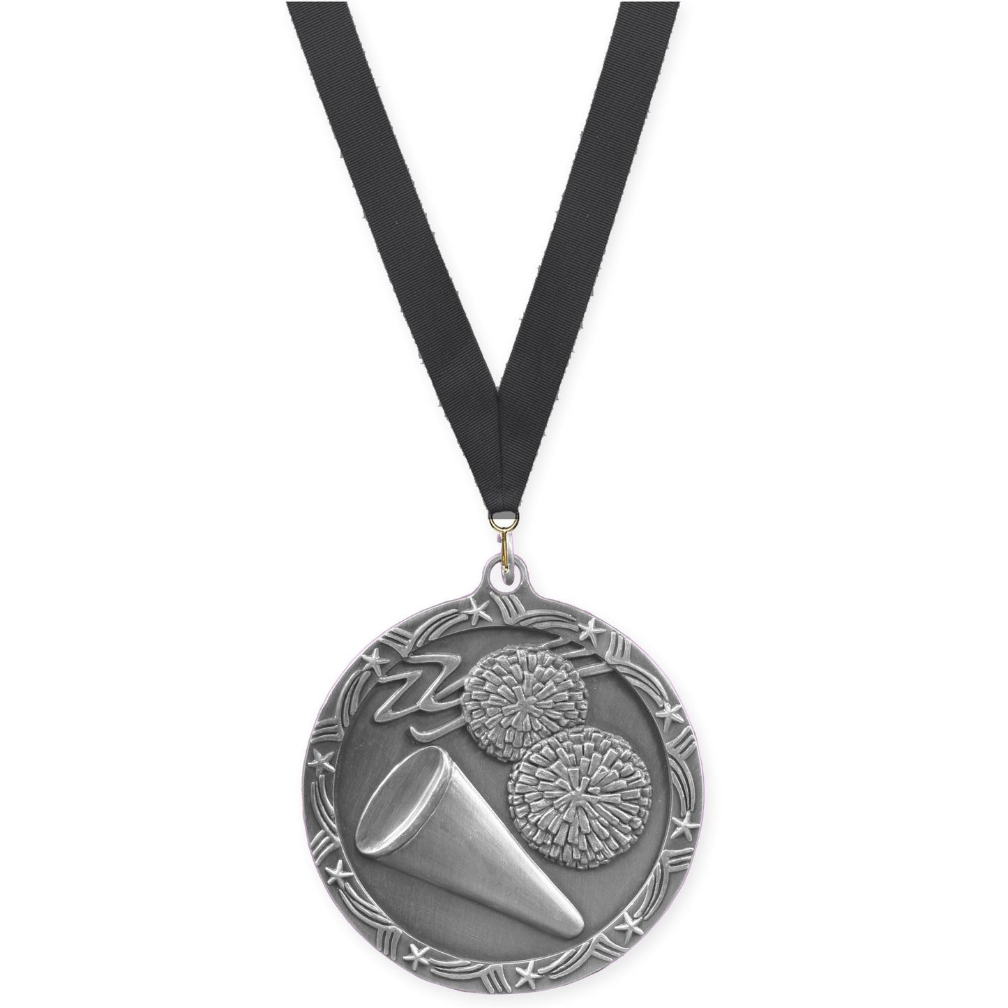 2 1/2 inch cheerleading Shooting Star medal in antique silver with Black neck ribbon