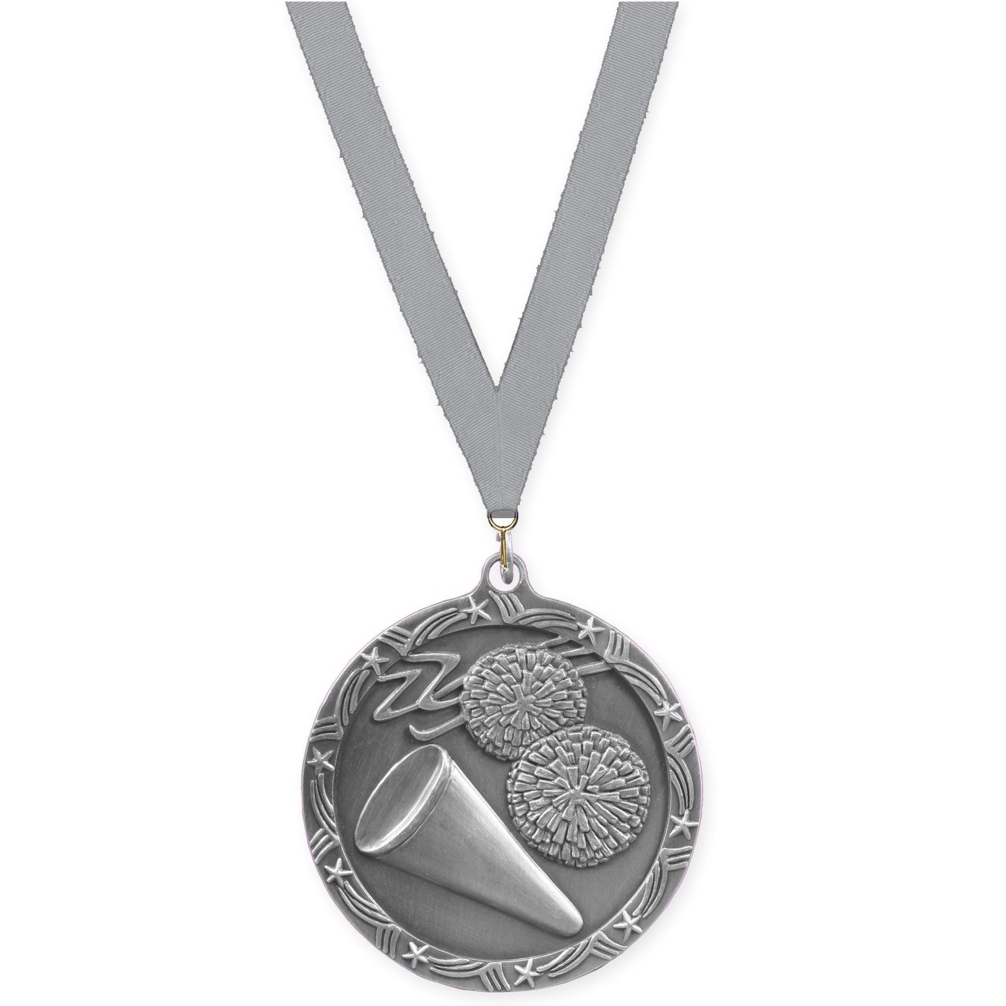 2 1/2 inch cheerleading Shooting Star medal in antique silver with Gray neck ribbon
