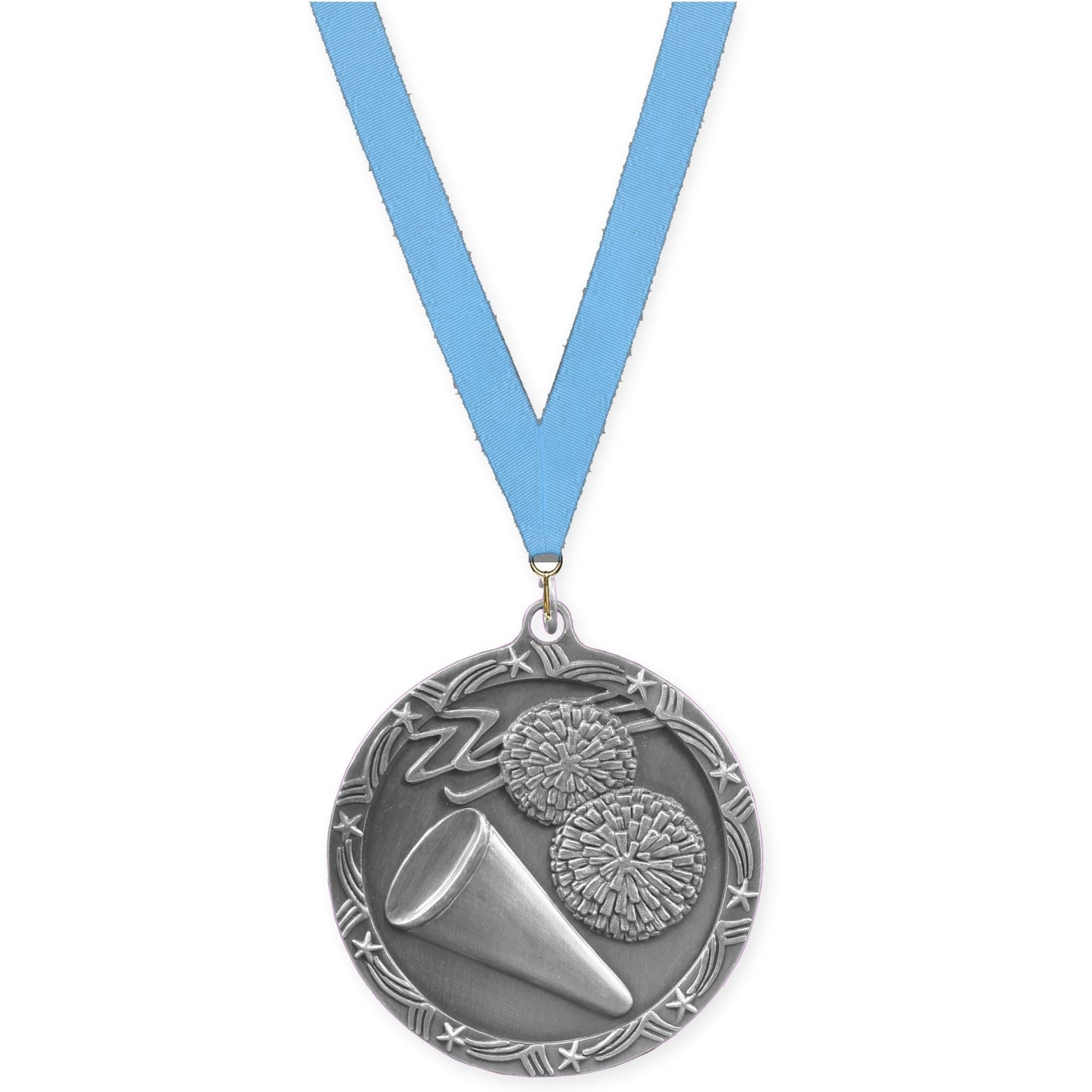 2 1/2 inch cheerleading Shooting Star medal in antique silver with Light Blue neck ribbon