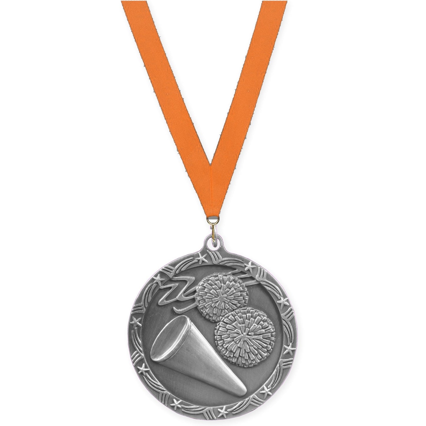 2 1/2 inch cheerleading Shooting Star medal in antique silver with Orange neck ribbon