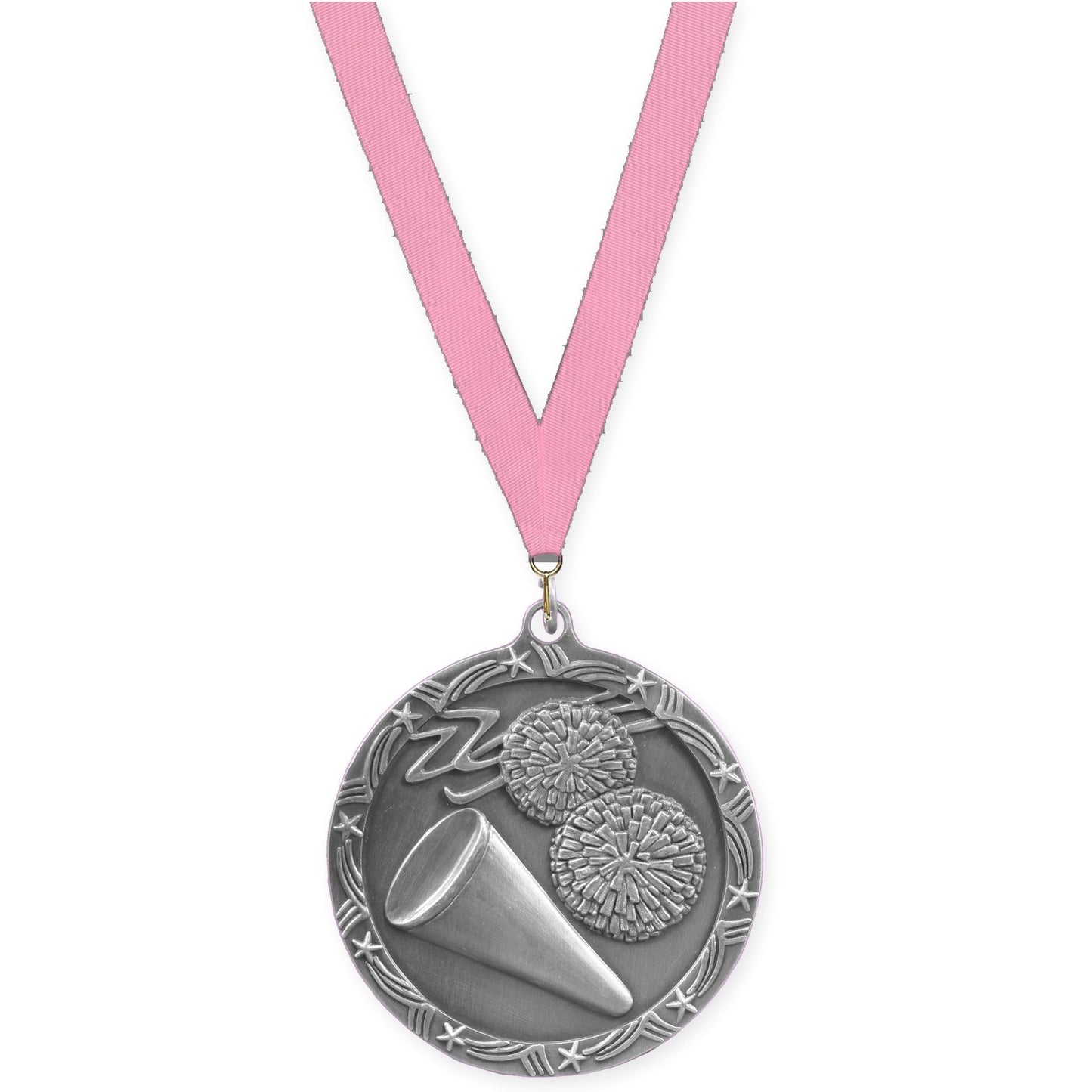 2 1/2 inch cheerleading Shooting Star medal in antique silver with Pink neck ribbon