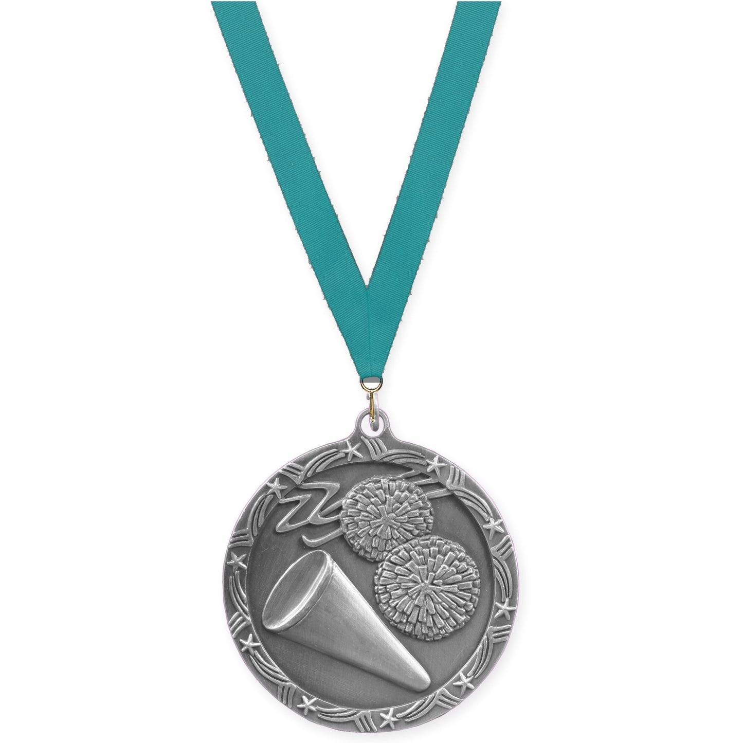 2 1/2 inch cheerleading Shooting Star medal in antique silver with Teal neck ribbon