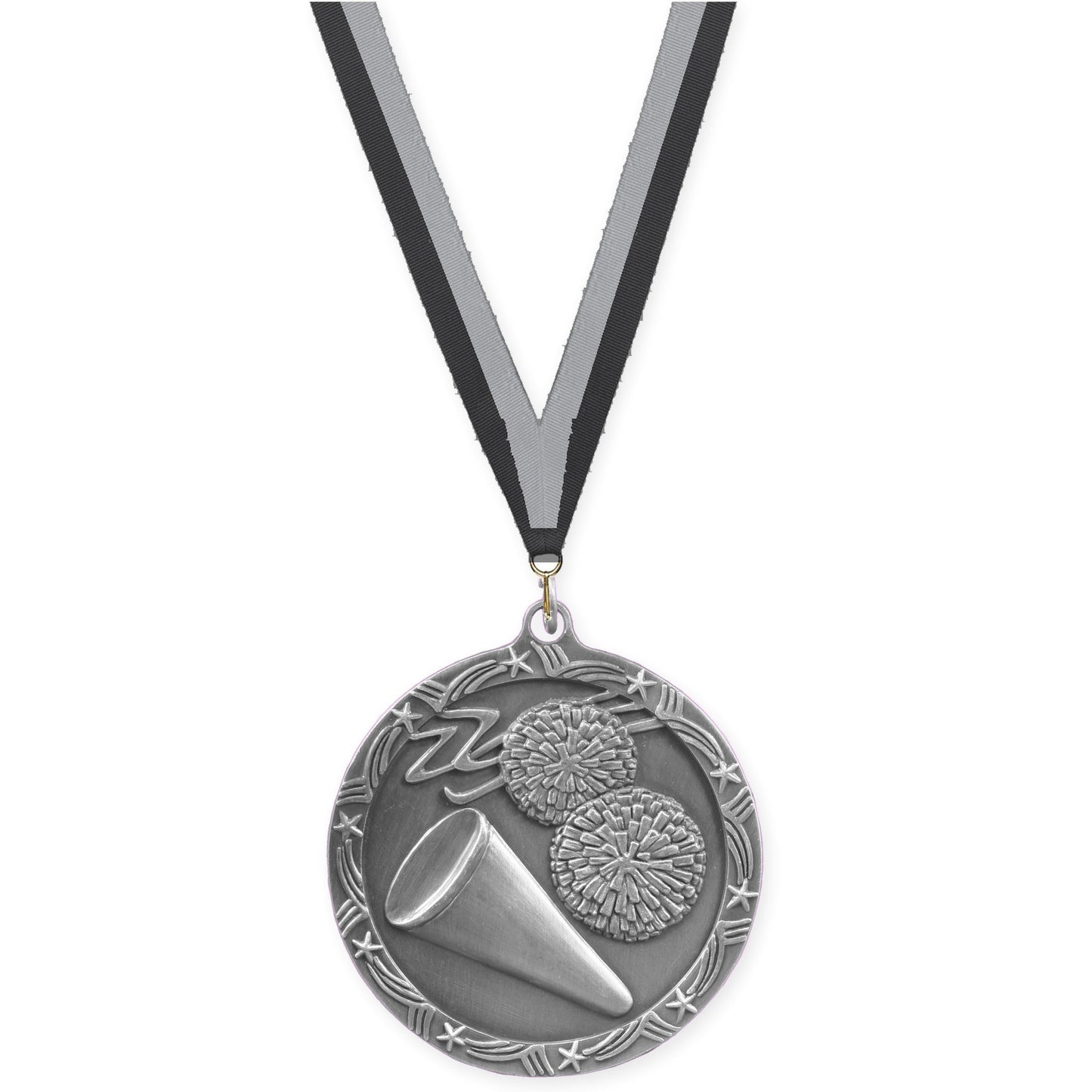 2 1/2 inch cheerleading Shooting Star medal in antique silver with Black Gray neck ribbon