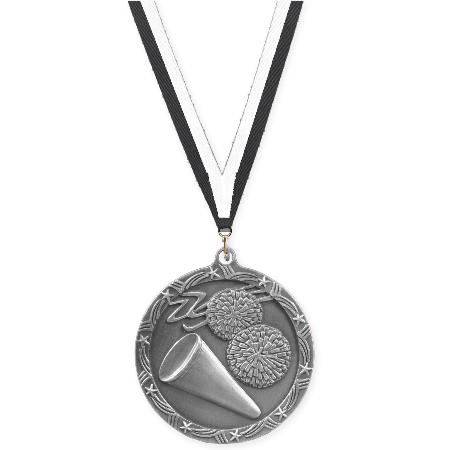 2 1/2 inch cheerleading Shooting Star medal in antique silver with Black White neck ribbon