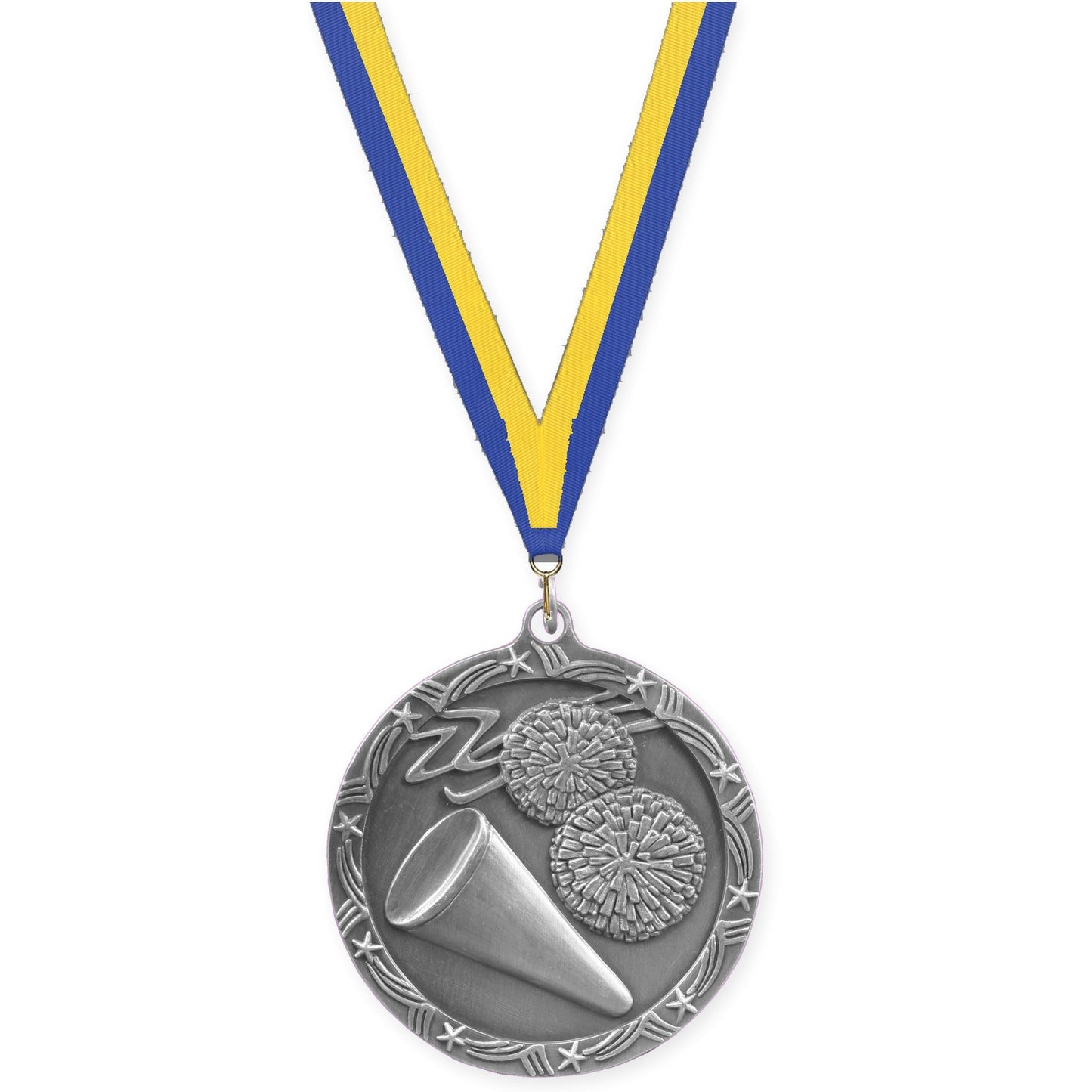 2 1/2 inch cheerleading Shooting Star medal in antique silver with Blue Yellow neck ribbon
