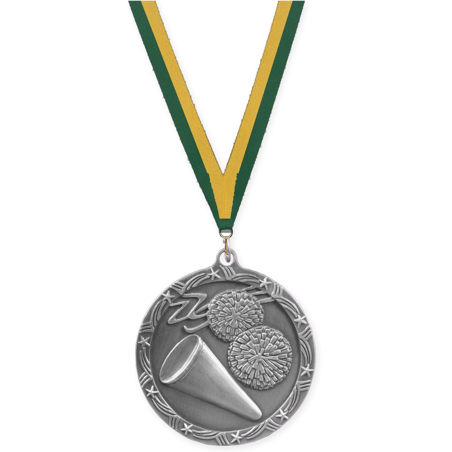 2 1/2 inch cheerleading Shooting Star medal in antique silver with Hunter Green Gold neck ribbon