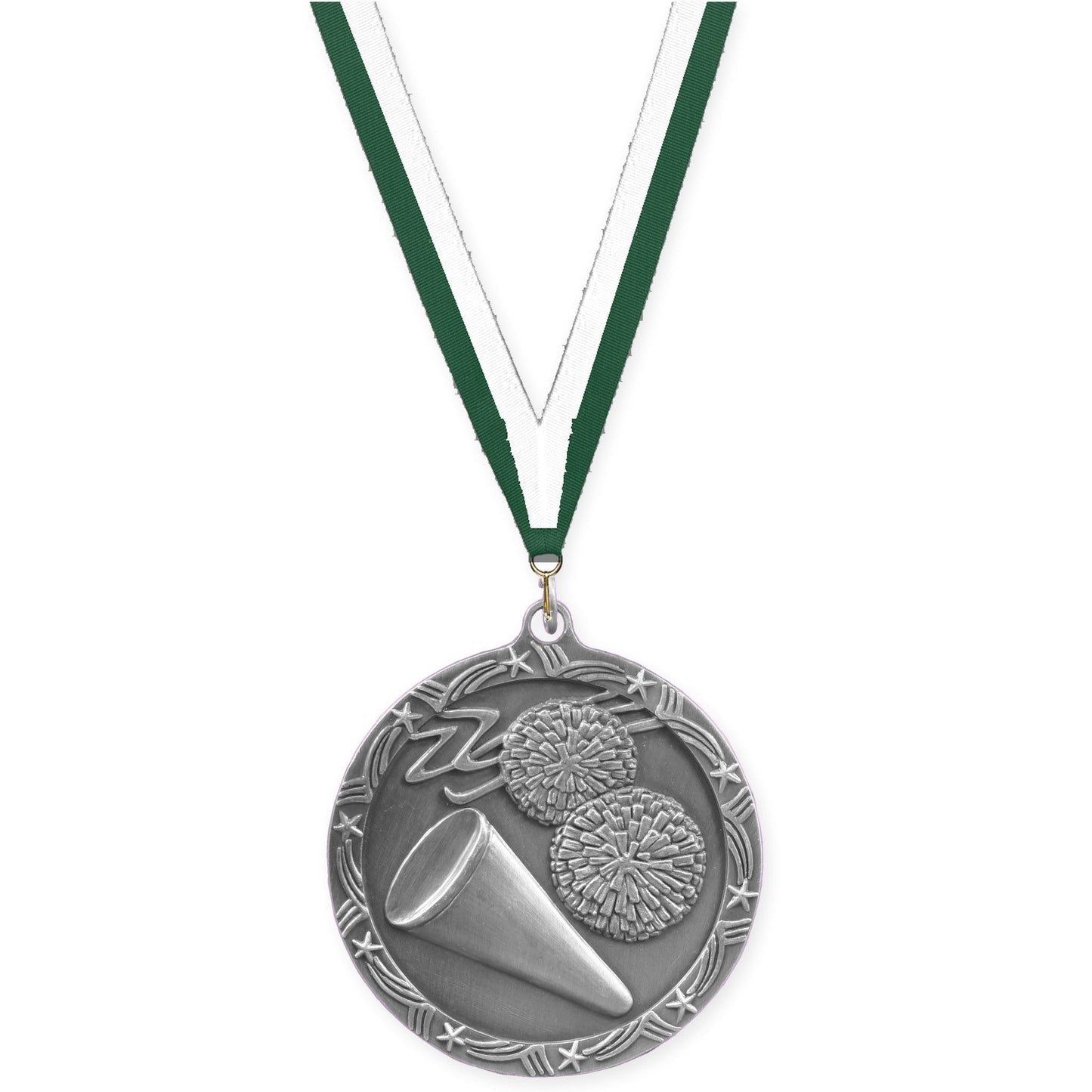 2 1/2 inch cheerleading Shooting Star medal in antique silver with Hunter Green White neck ribbon