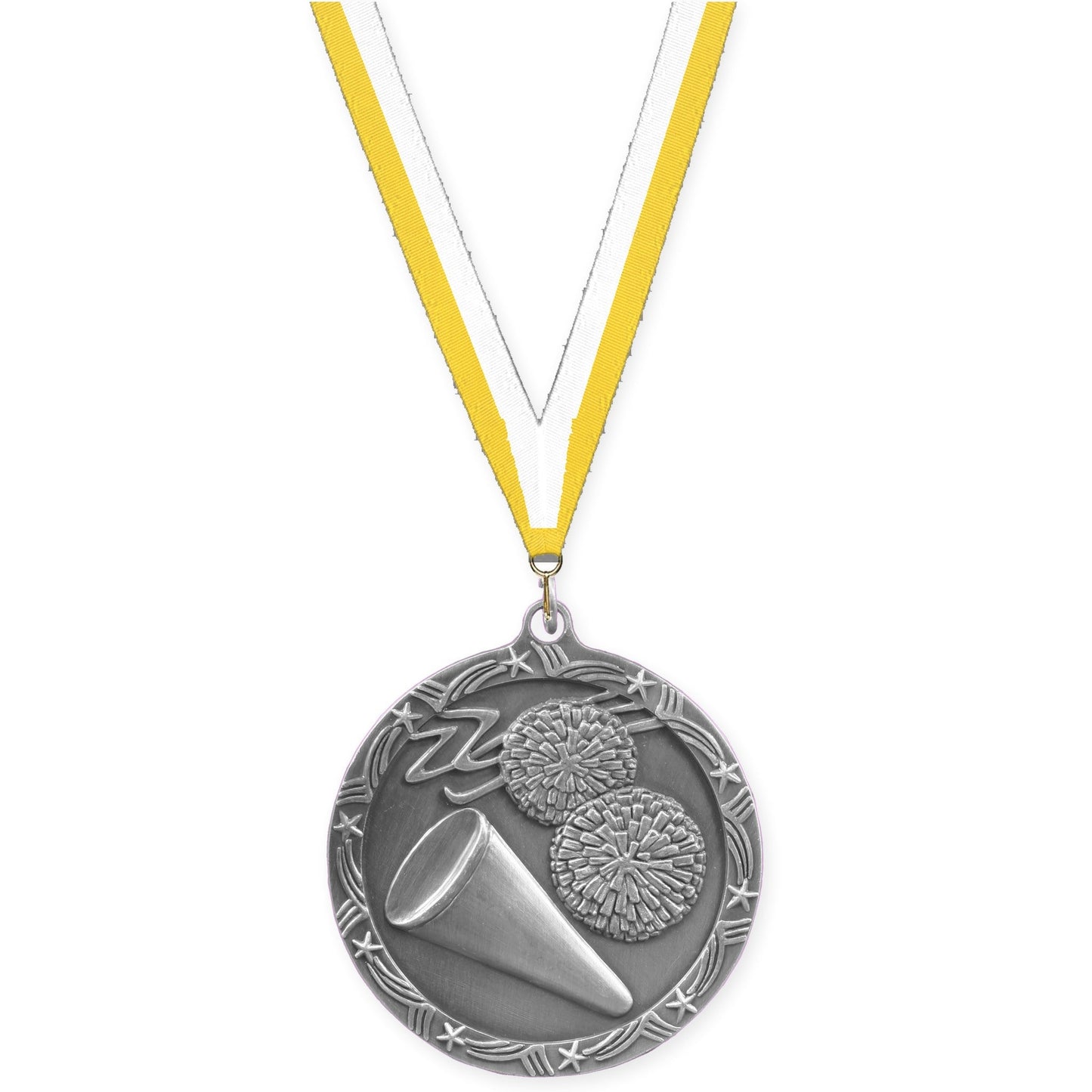 2 1/2 inch cheerleading Shooting Star medal in antique silver with Yellow White neck ribbon