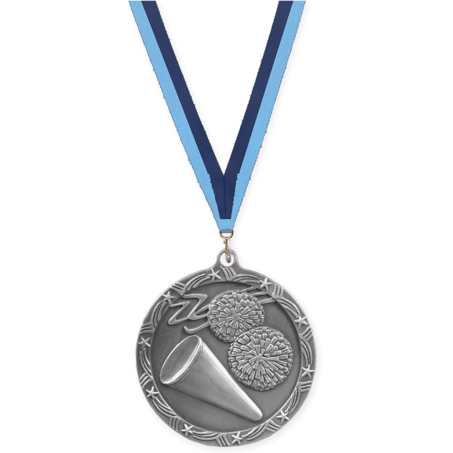 2 1/2 inch cheerleading Shooting Star medal in antique silver with Light Blue Navy neck ribbon