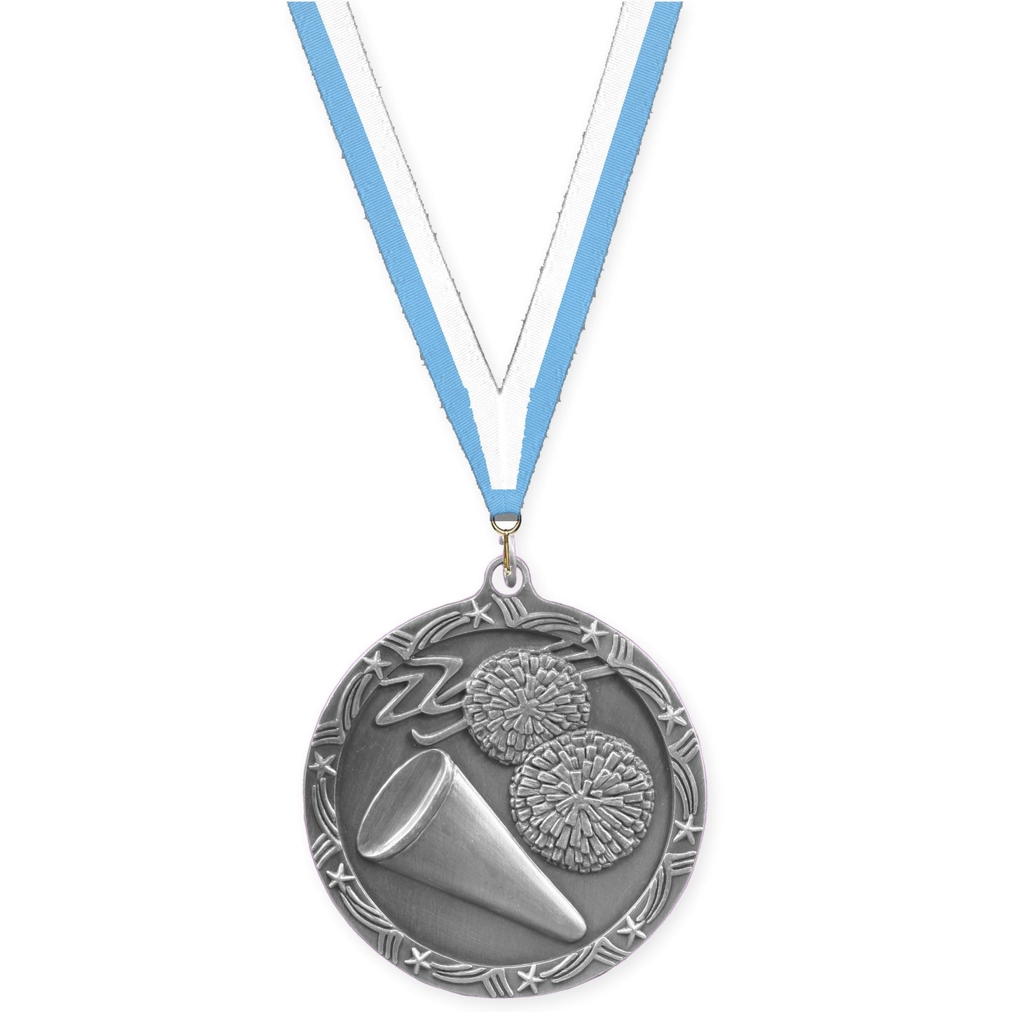 2 1/2 inch cheerleading Shooting Star medal in antique silver with Light Blue White neck ribbon