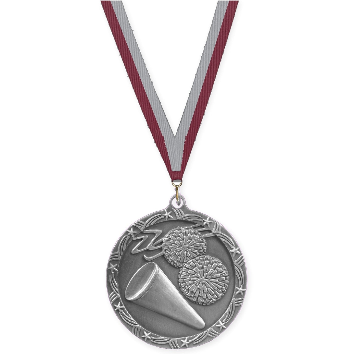 2 1/2 inch cheerleading Shooting Star medal in antique silver with Maroon Gray neck ribbon