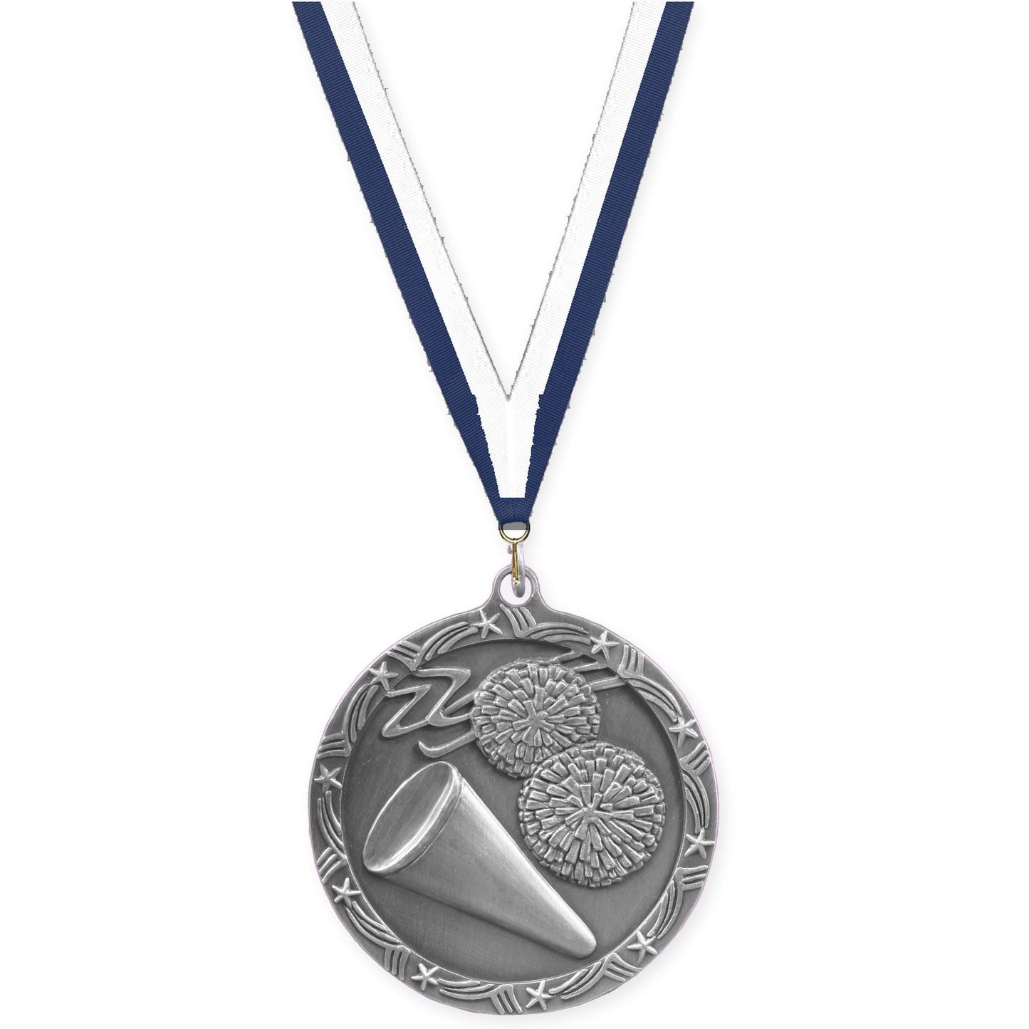 2 1/2 inch cheerleading Shooting Star medal in antique silver with Navy White neck ribbon