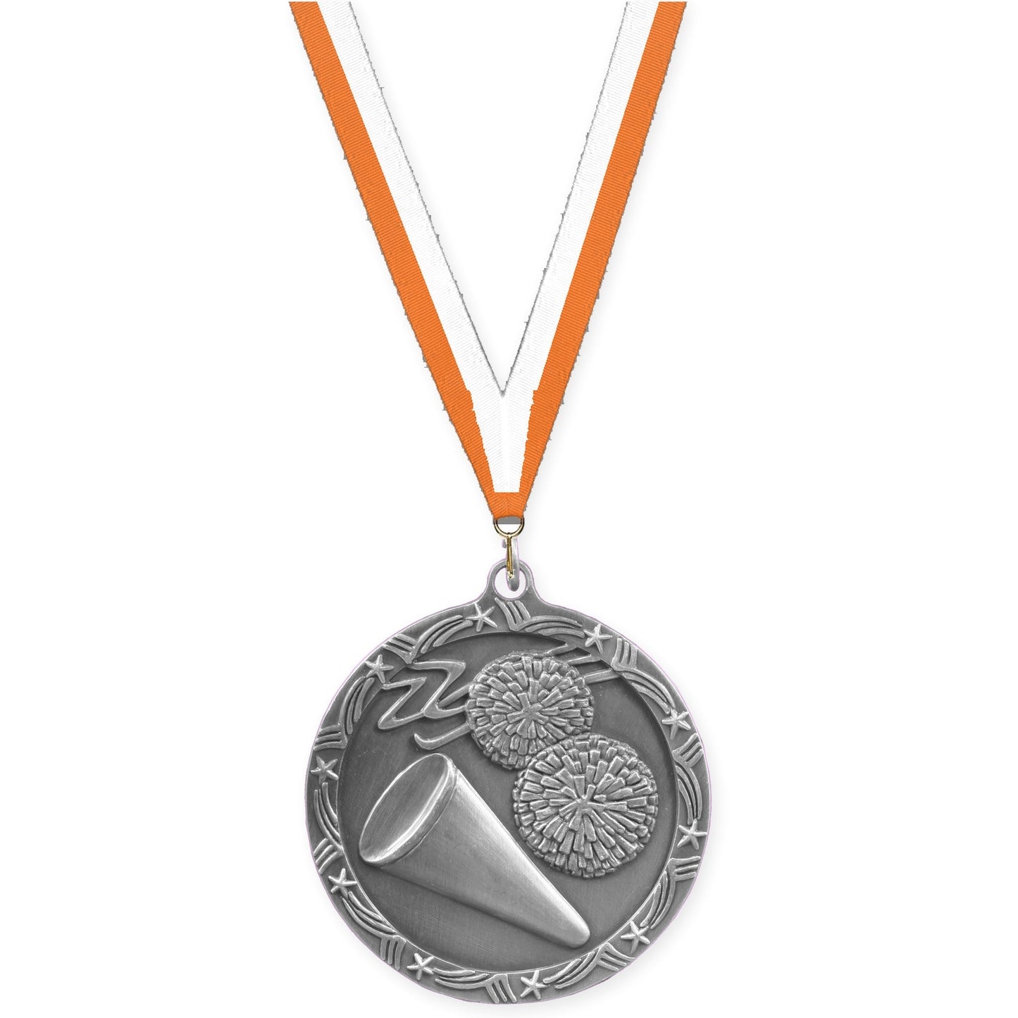 2 1/2 inch cheerleading Shooting Star medal in antique silver with Orange White neck ribbon
