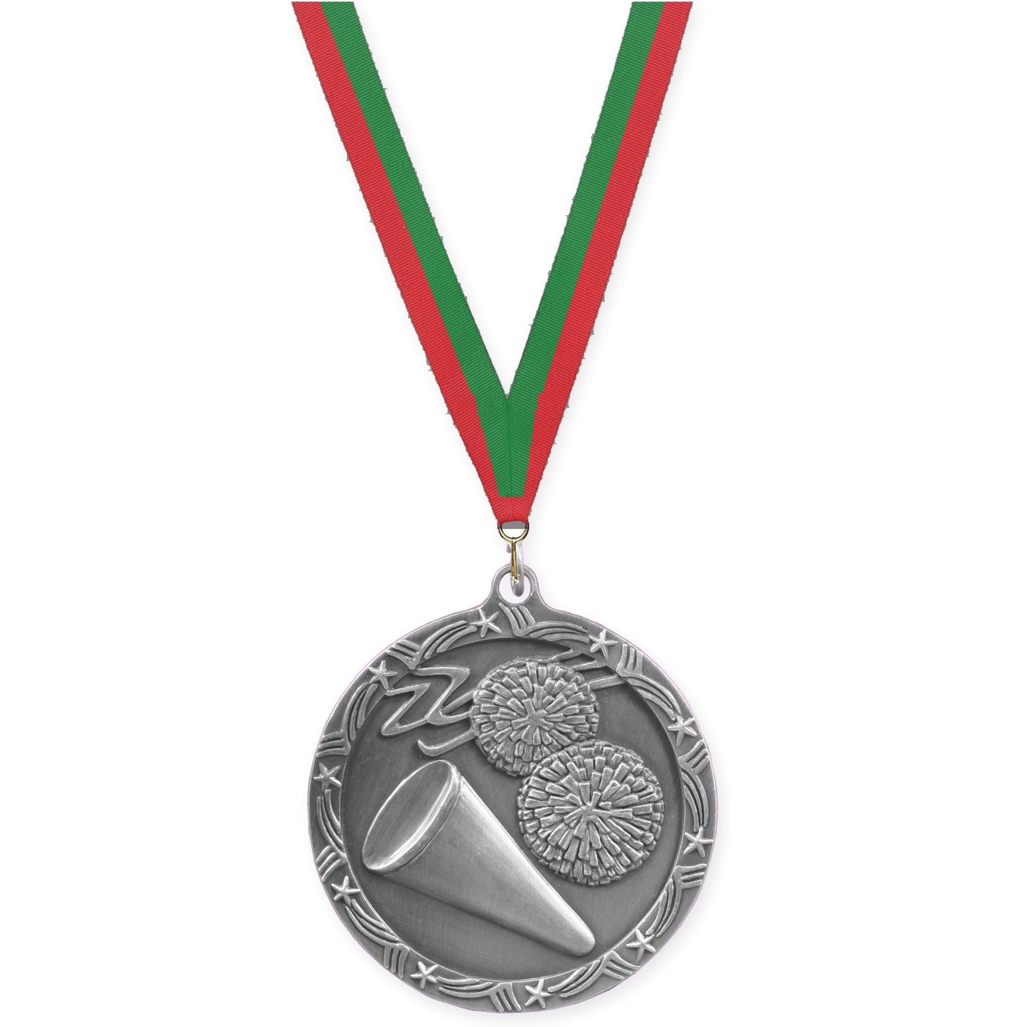 2 1/2 inch cheerleading Shooting Star medal in antique silver with Red Green neck ribbon