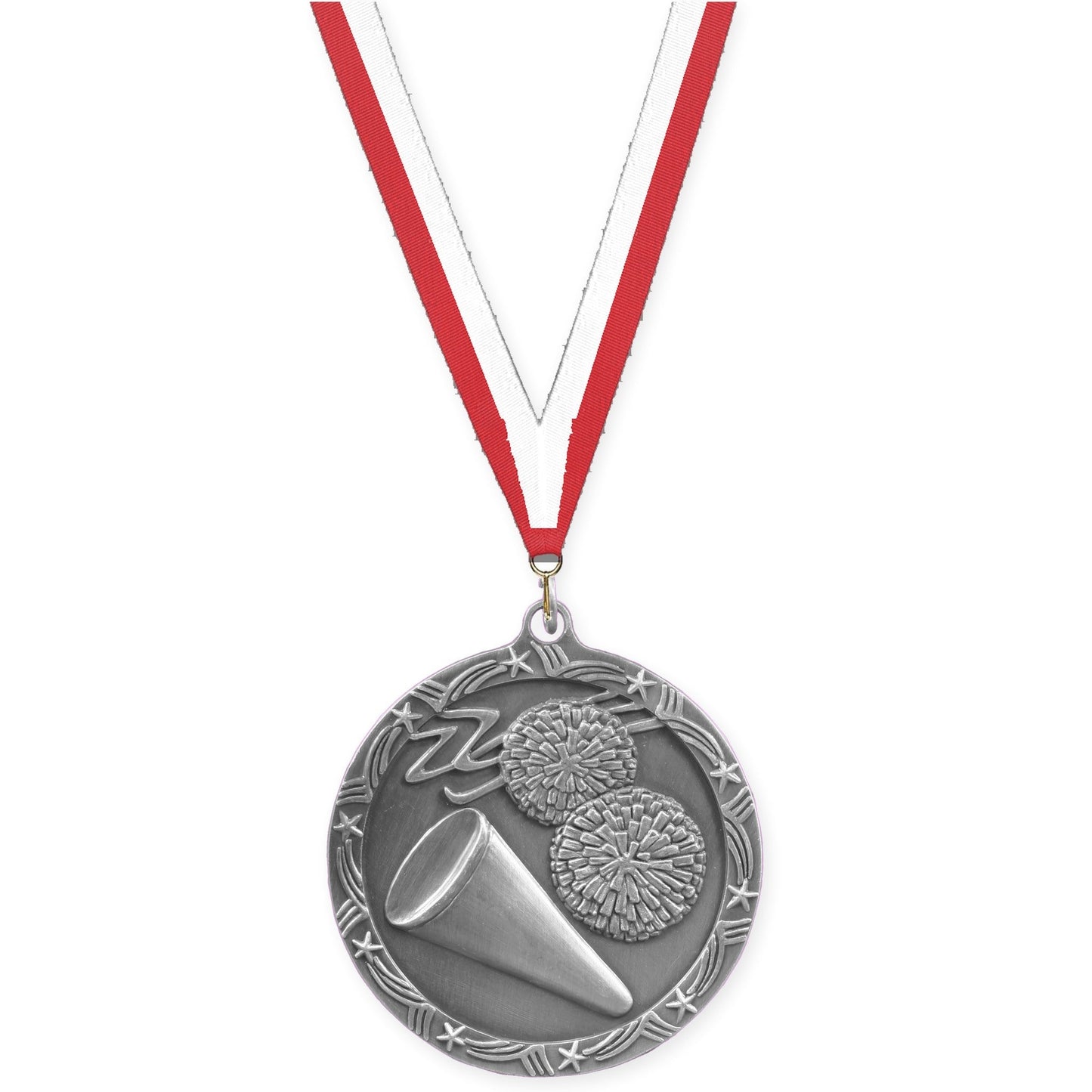 2 1/2 inch cheerleading Shooting Star medal in antique silver with Red White neck ribbon