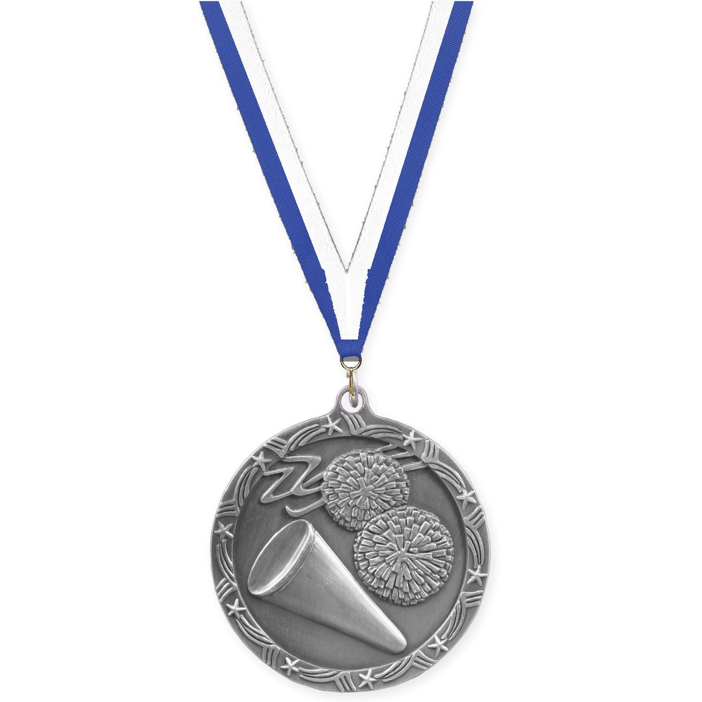 2 1/2 inch cheerleading Shooting Star medal in antique silver with Blue White neck ribbon