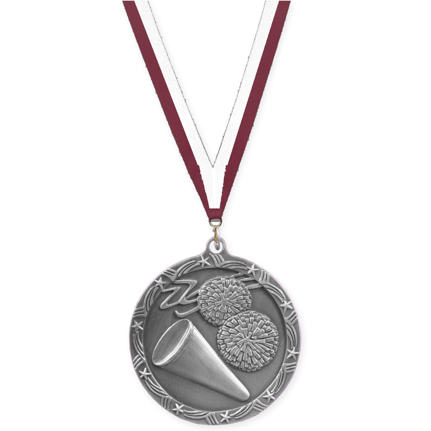 2 1/2 inch cheerleading Shooting Star medal in antique silver with Maroon White neck ribbon