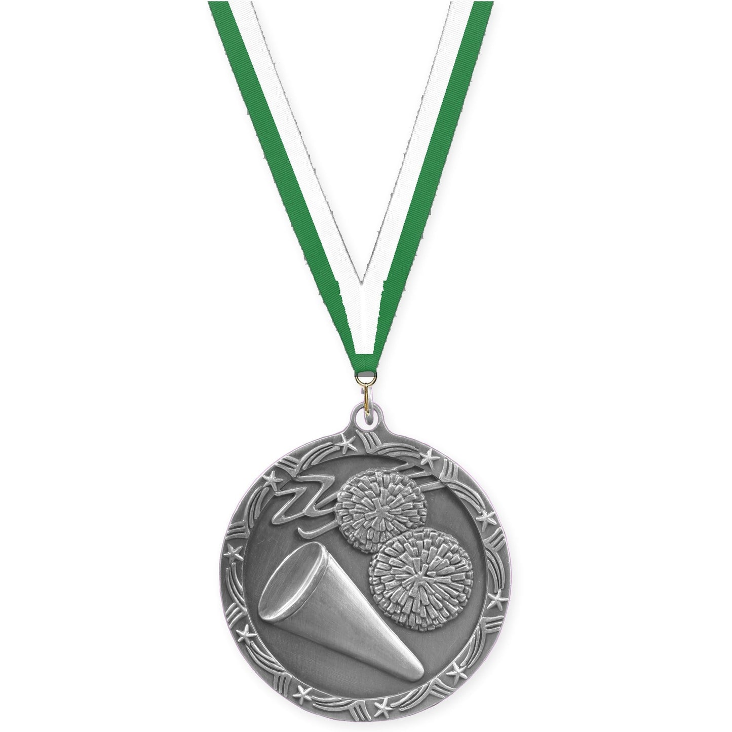 2 1/2 inch cheerleading Shooting Star medal in antique silver with Green White neck ribbon