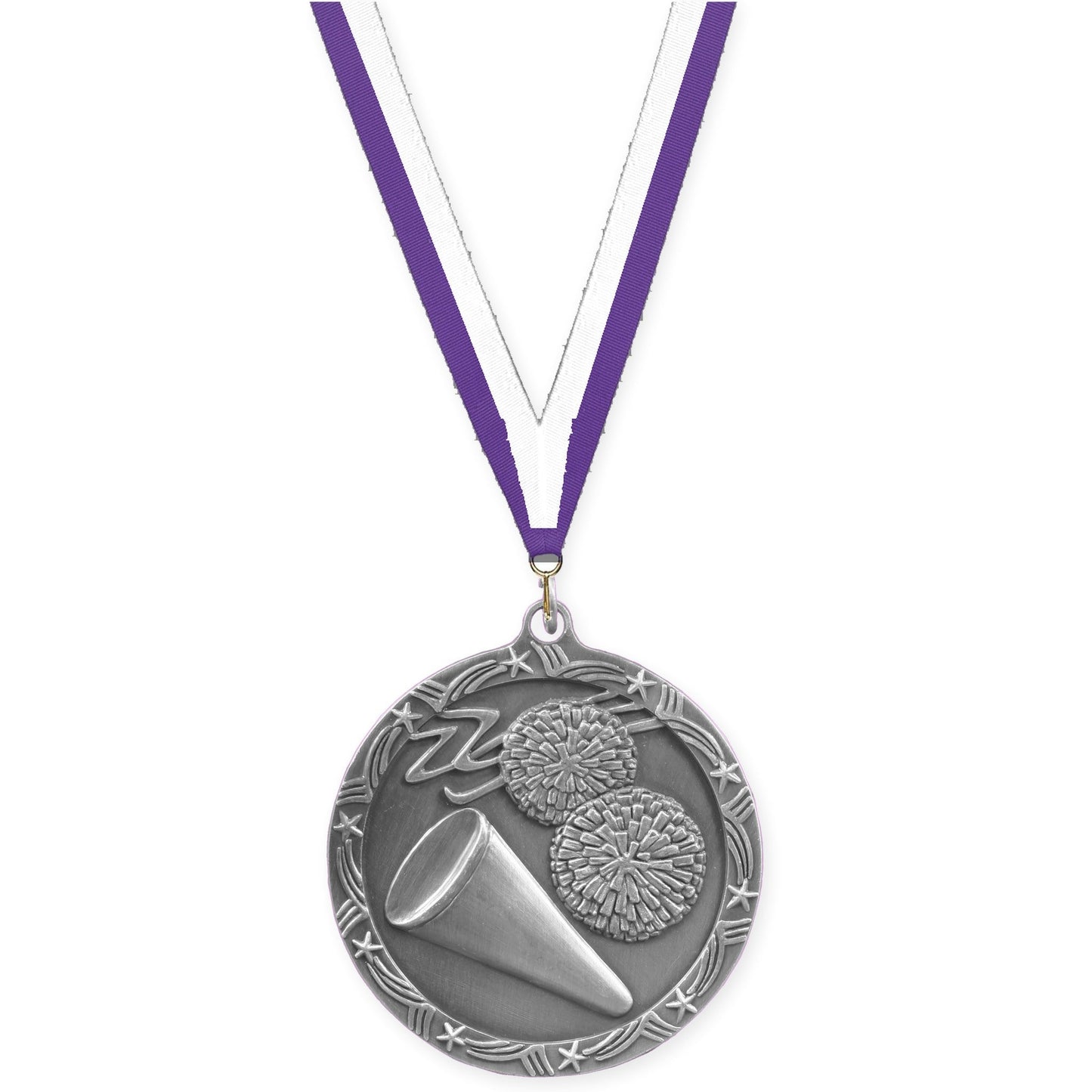 2 1/2 inch cheerleading Shooting Star medal in antique silver with Purple White neck ribbon