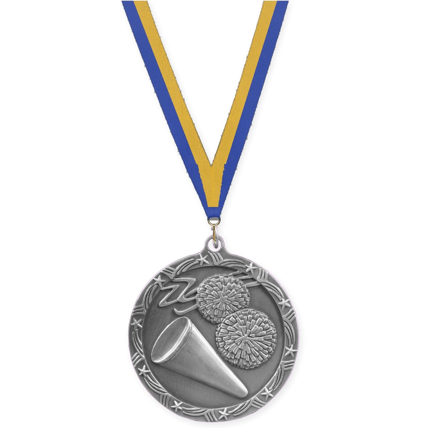 2 1/2 inch cheerleading Shooting Star medal in antique silver with Blue Gold neck ribbon