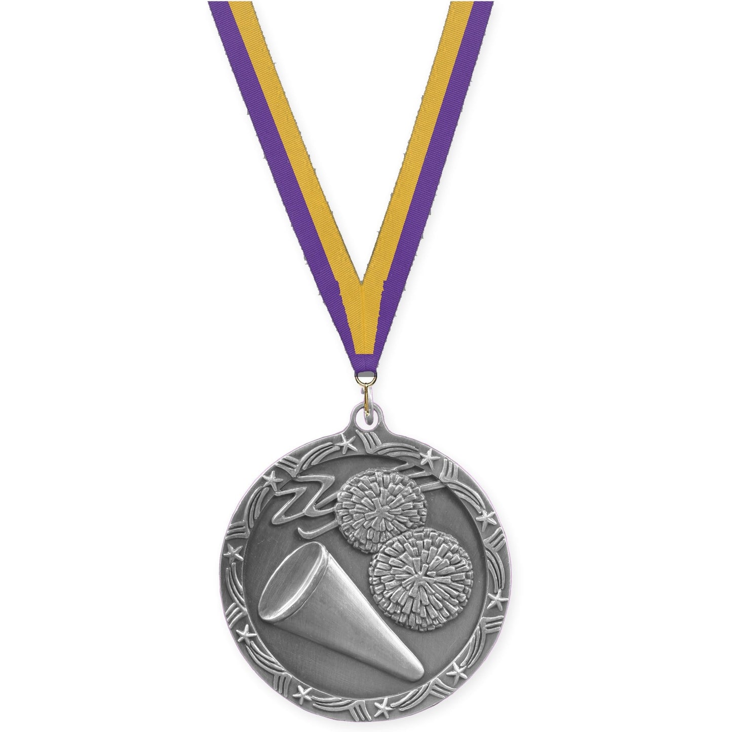 2 1/2 inch cheerleading Shooting Star medal in antique silver with Purple Gold neck ribbon
