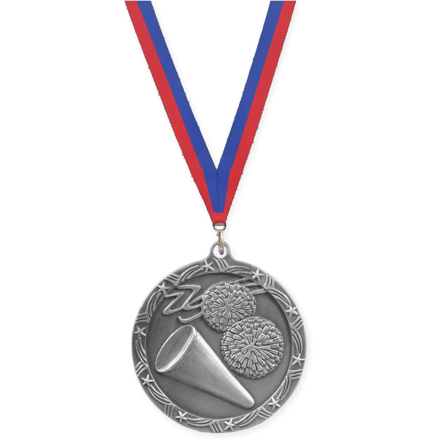 2 1/2 inch cheerleading Shooting Star medal in antique silver with Blue Red neck ribbon