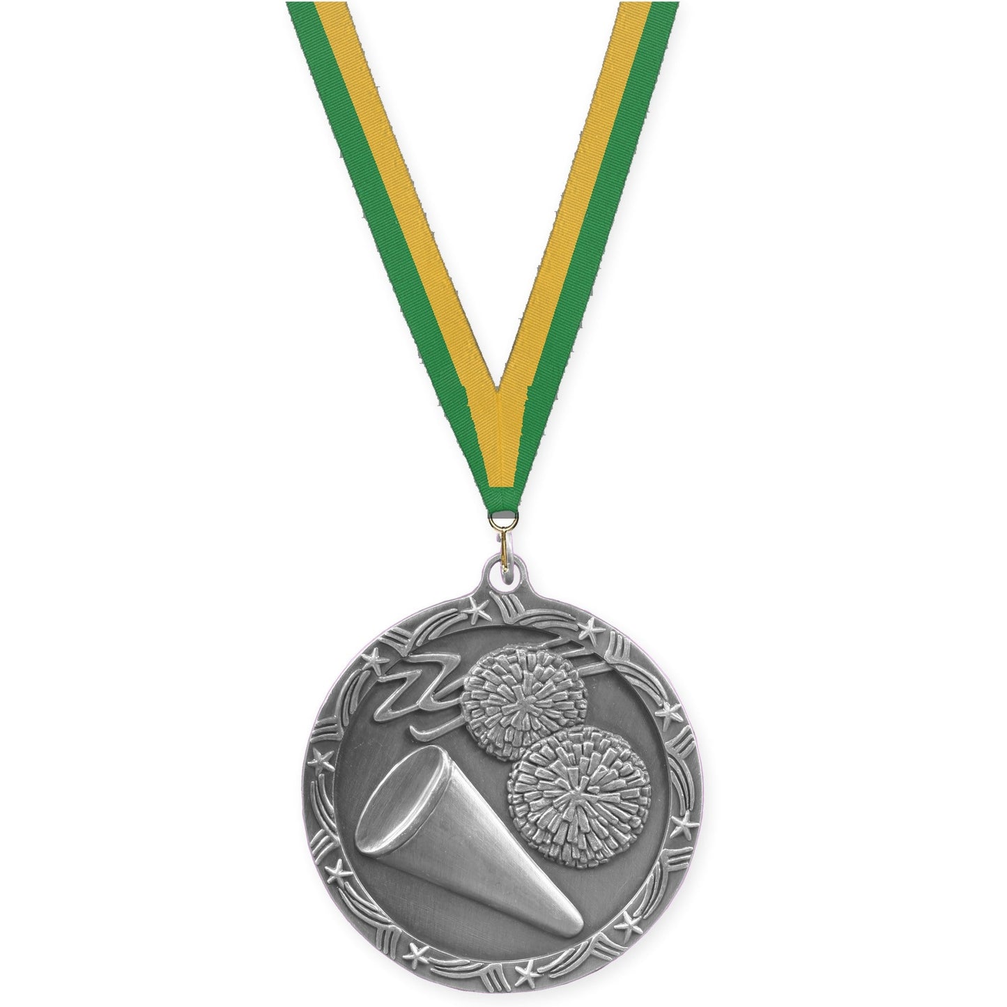 2 1/2 inch cheerleading Shooting Star medal in antique silver with Green Gold neck ribbon