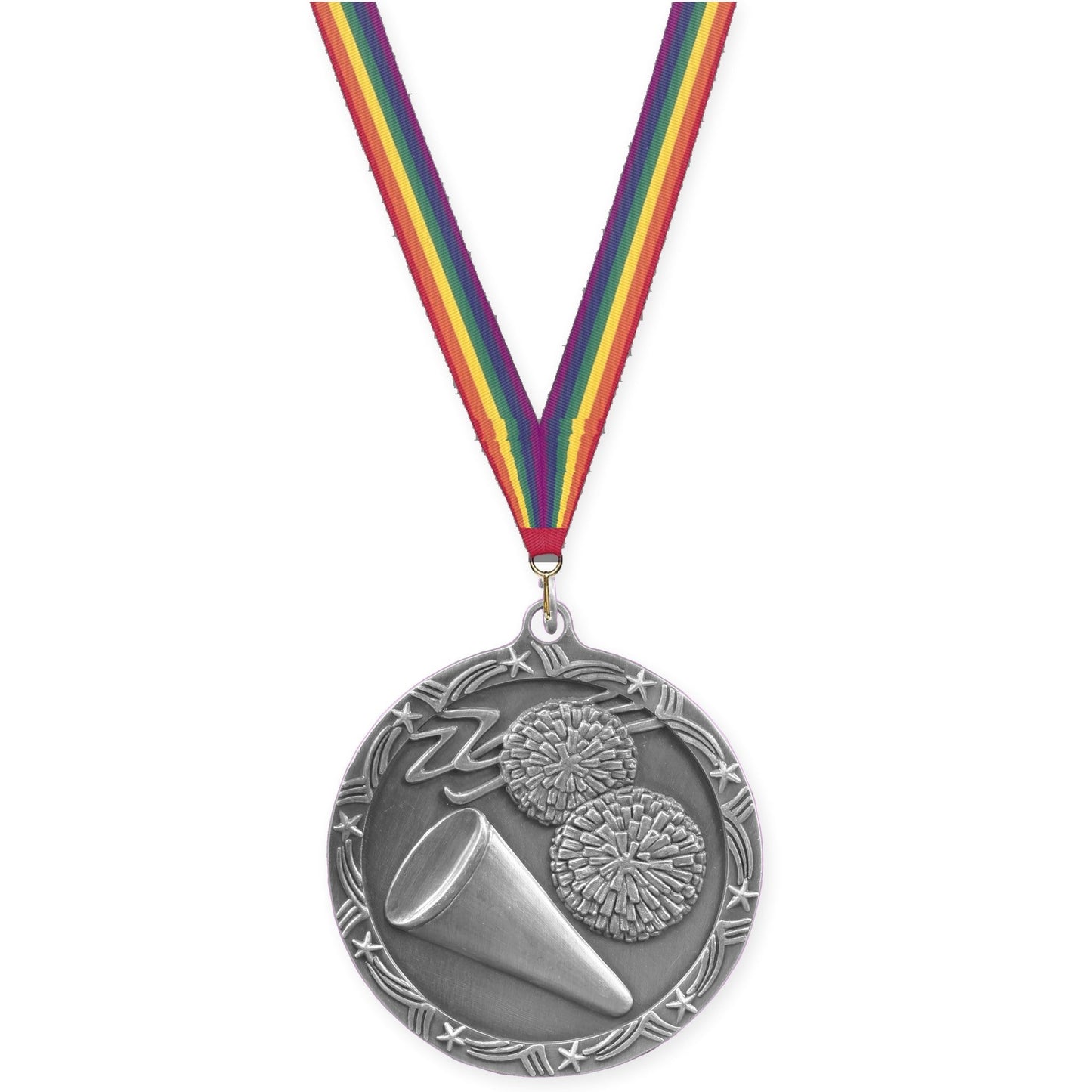 2 1/2 inch cheerleading Shooting Star medal in antique silver with Rainbow neck ribbon