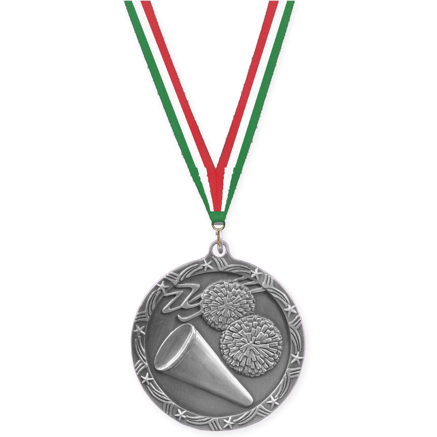 2 1/2 inch cheerleading Shooting Star medal in antique silver with Green White Red neck ribbon