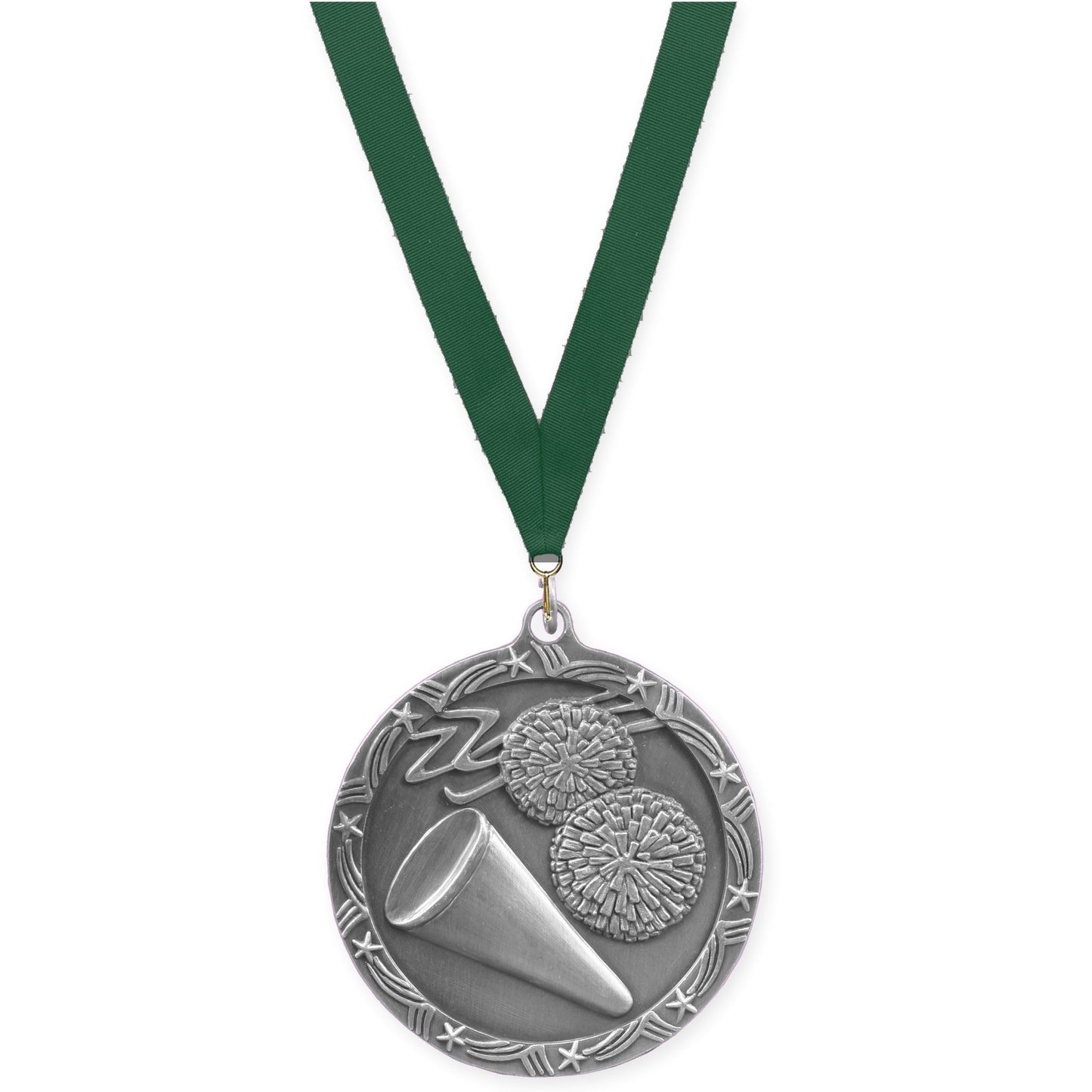 2 1/2 inch cheerleading Shooting Star medal in antique silver with Hunter Green neck ribbon