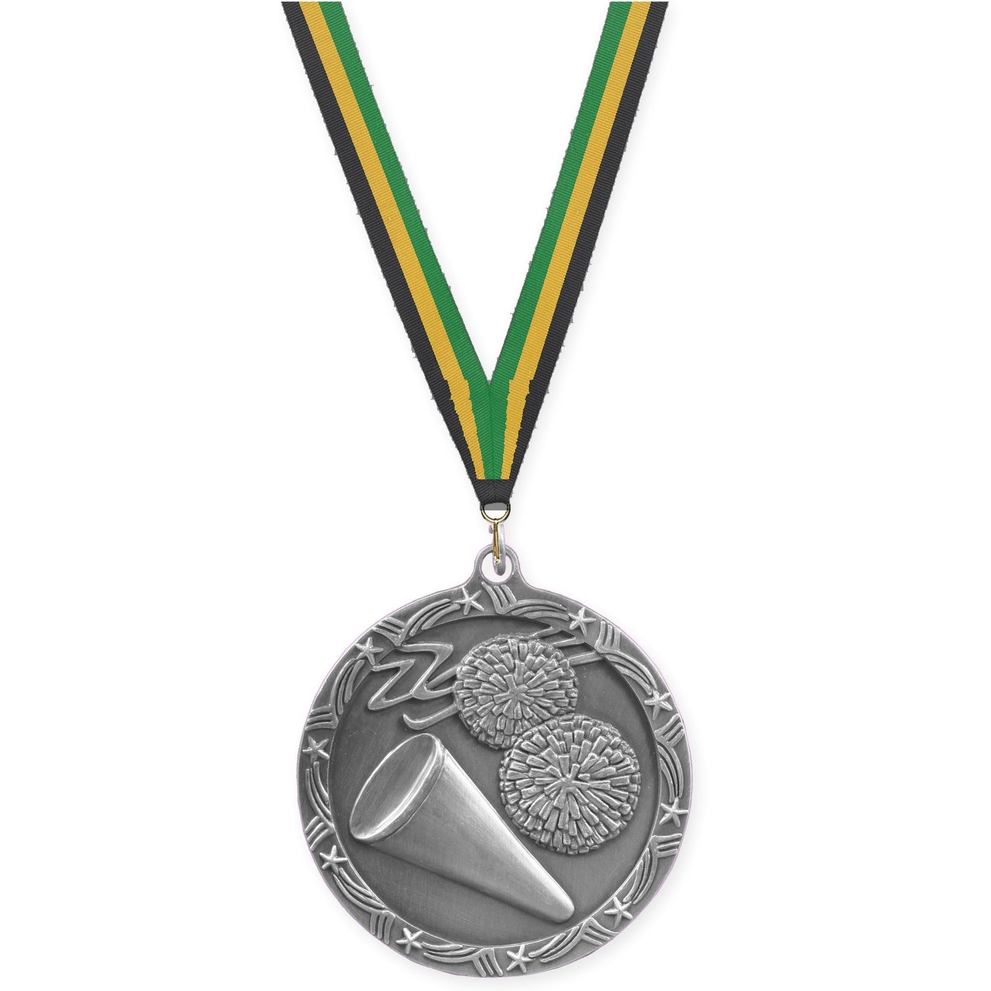 2 1/2 inch cheerleading Shooting Star medal in antique silver with Black Gold Green neck ribbon