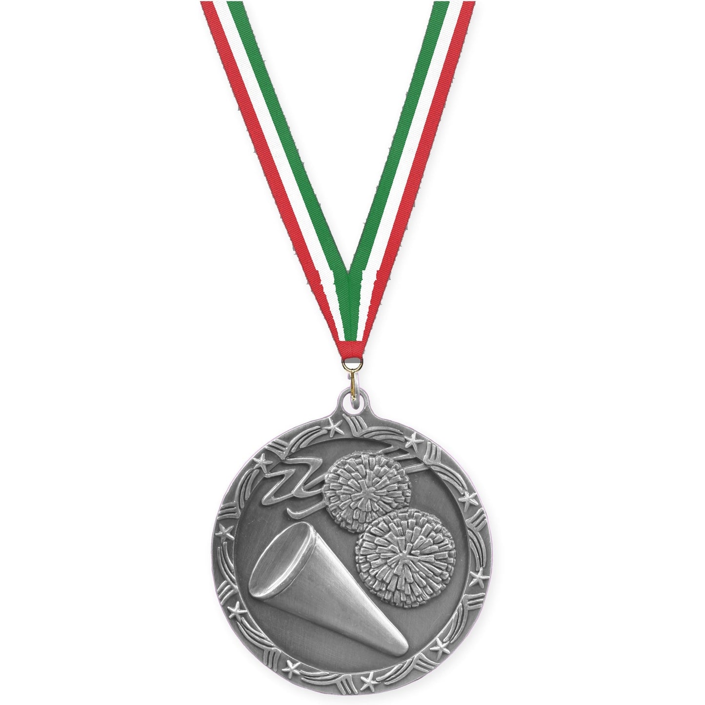2 1/2 inch cheerleading Shooting Star medal in antique silver with Red White Green neck ribbon