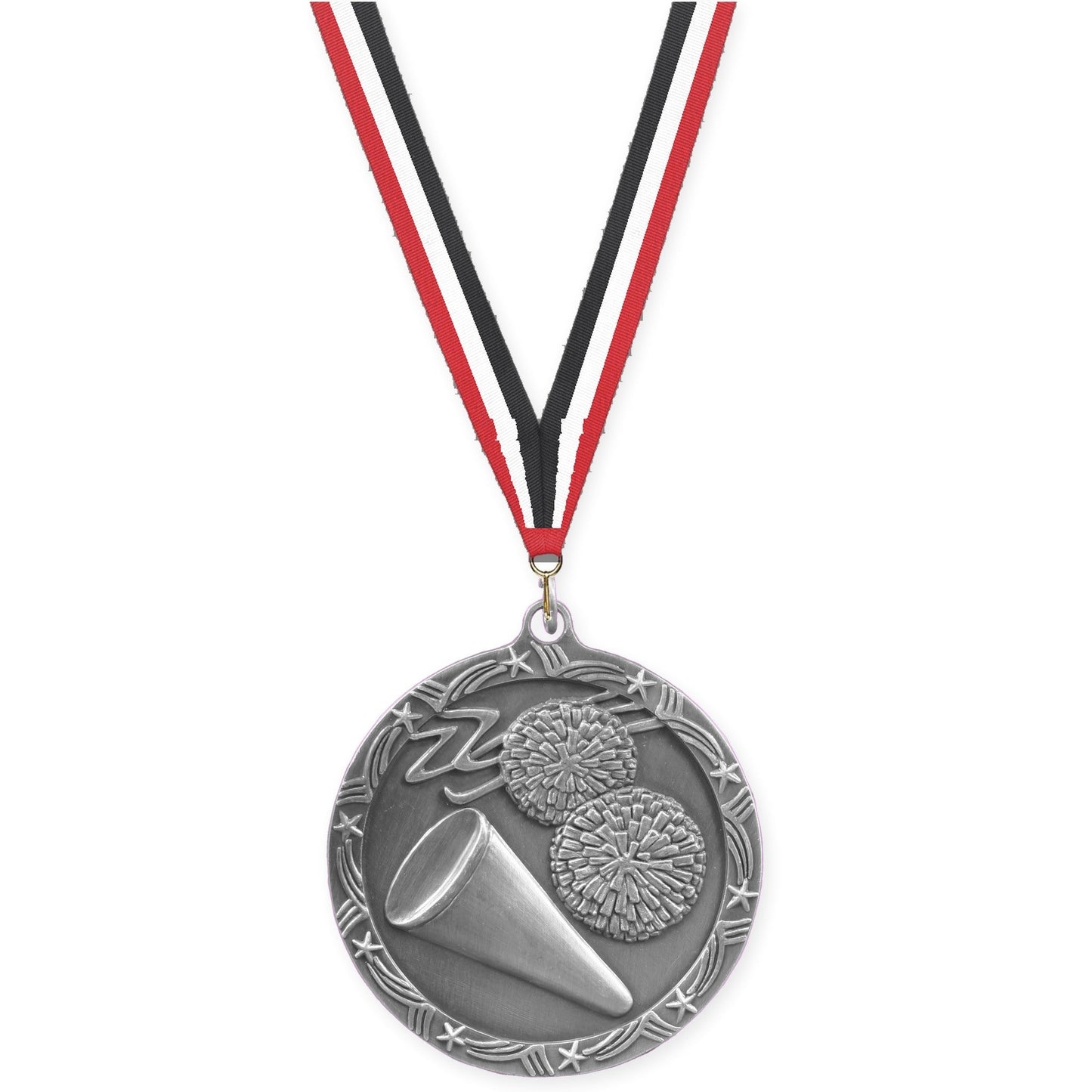 2 1/2 inch cheerleading Shooting Star medal in antique silver with Red White Black neck ribbon