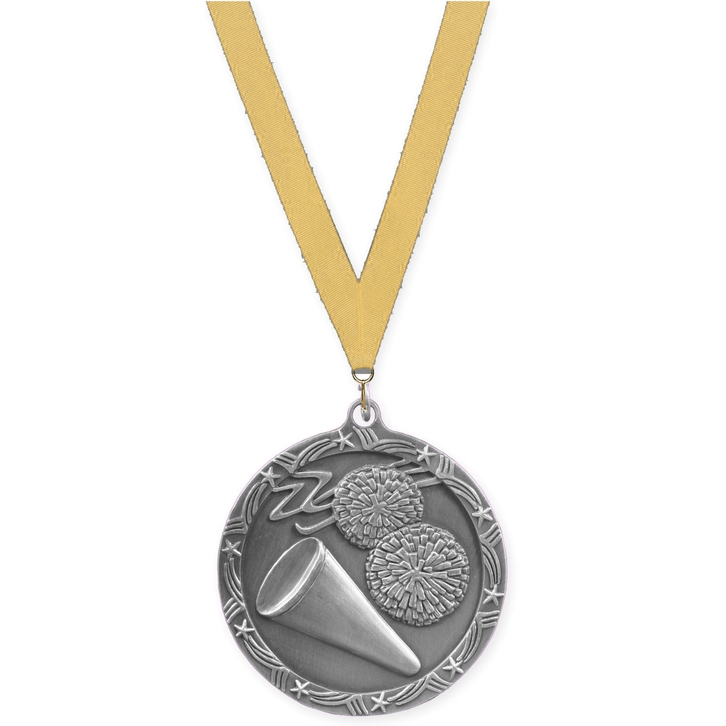 2 1/2 inch cheerleading Shooting Star medal in antique silver with Gold Metallic neck ribbon
