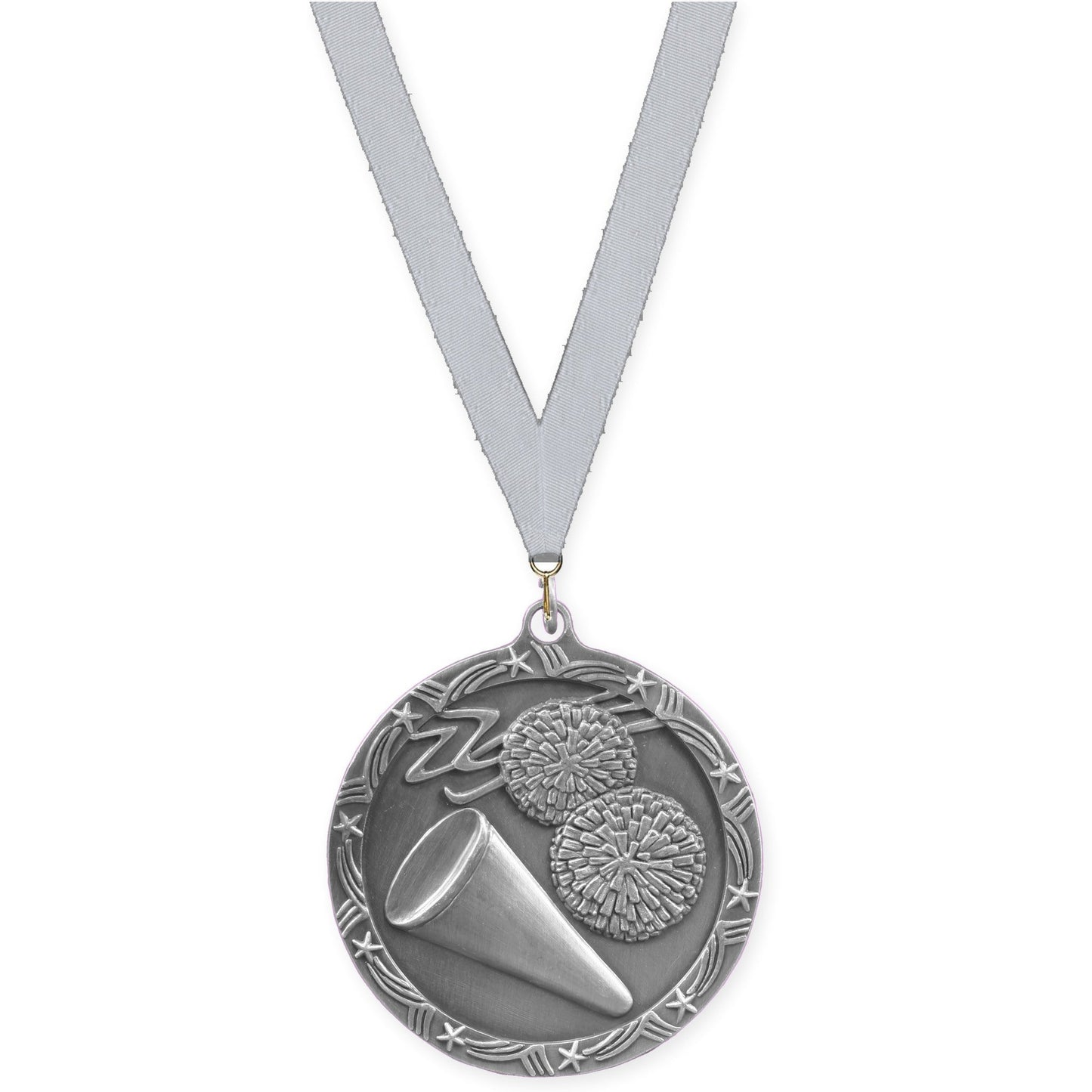 2 1/2 inch cheerleading Shooting Star medal in antique silver with Silver Metallic neck ribbon