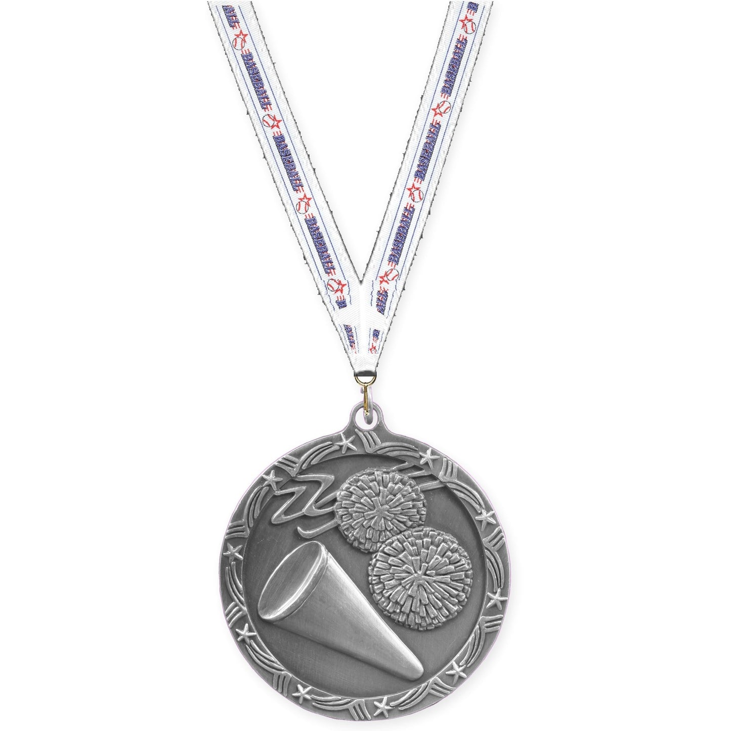 2 1/2 inch cheerleading Shooting Star medal in antique silver with Baseball neck ribbon