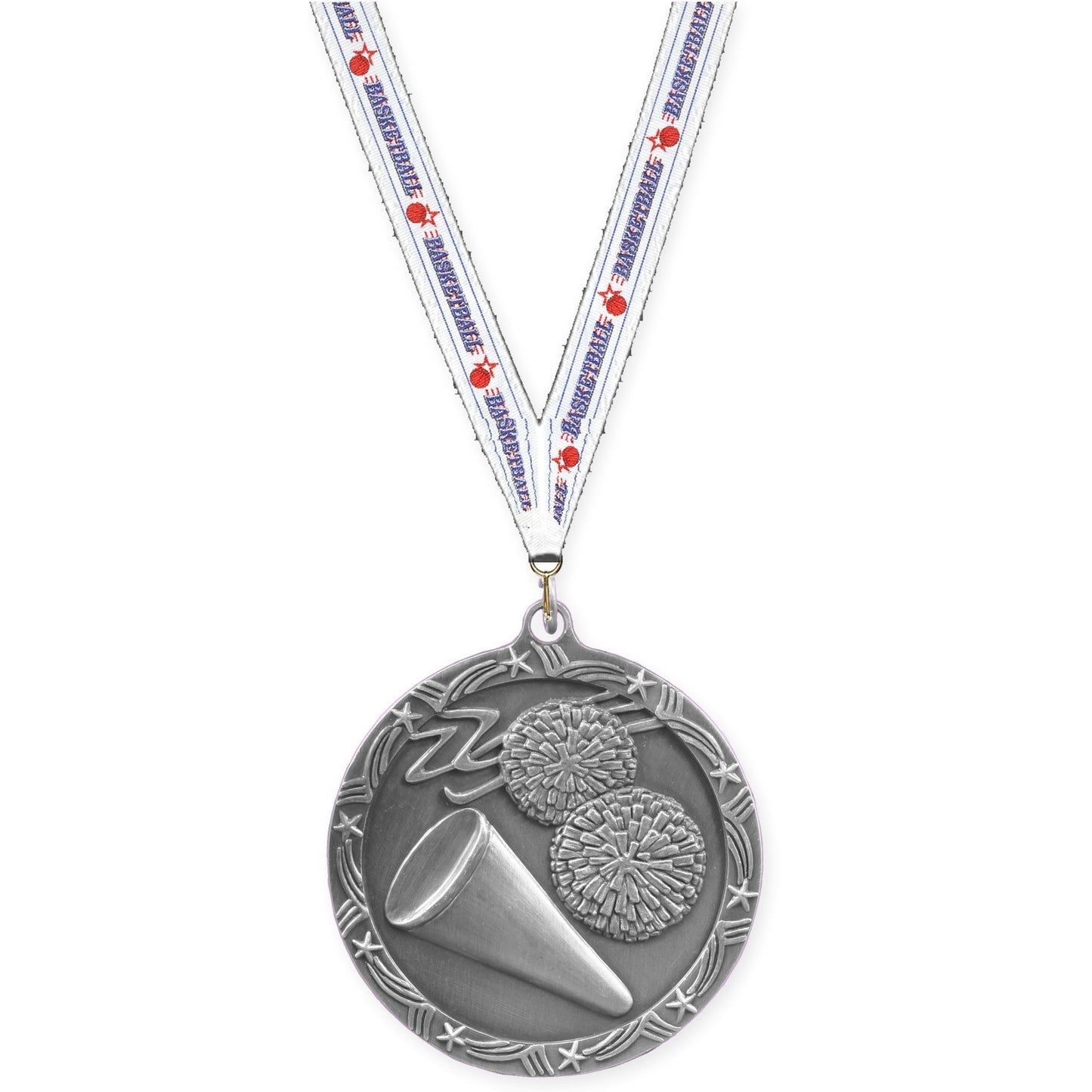 2 1/2 inch cheerleading Shooting Star medal in antique silver with Basketball neck ribbon