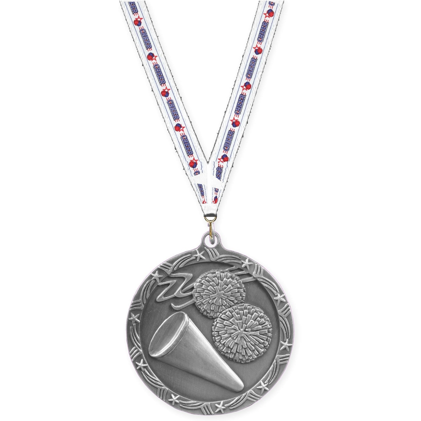 2 1/2 inch cheerleading Shooting Star medal in antique silver with Cheerleading neck ribbon